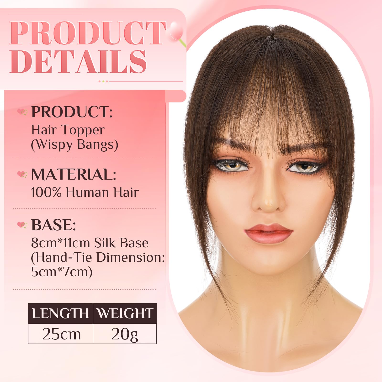 Elailite Hair Topper Donna Capelli Veri Clip 20g 25cm con Frangia Protesi Toupee Posticci Toupet Silk Lace 8x11cm #2 Marrone Scuro