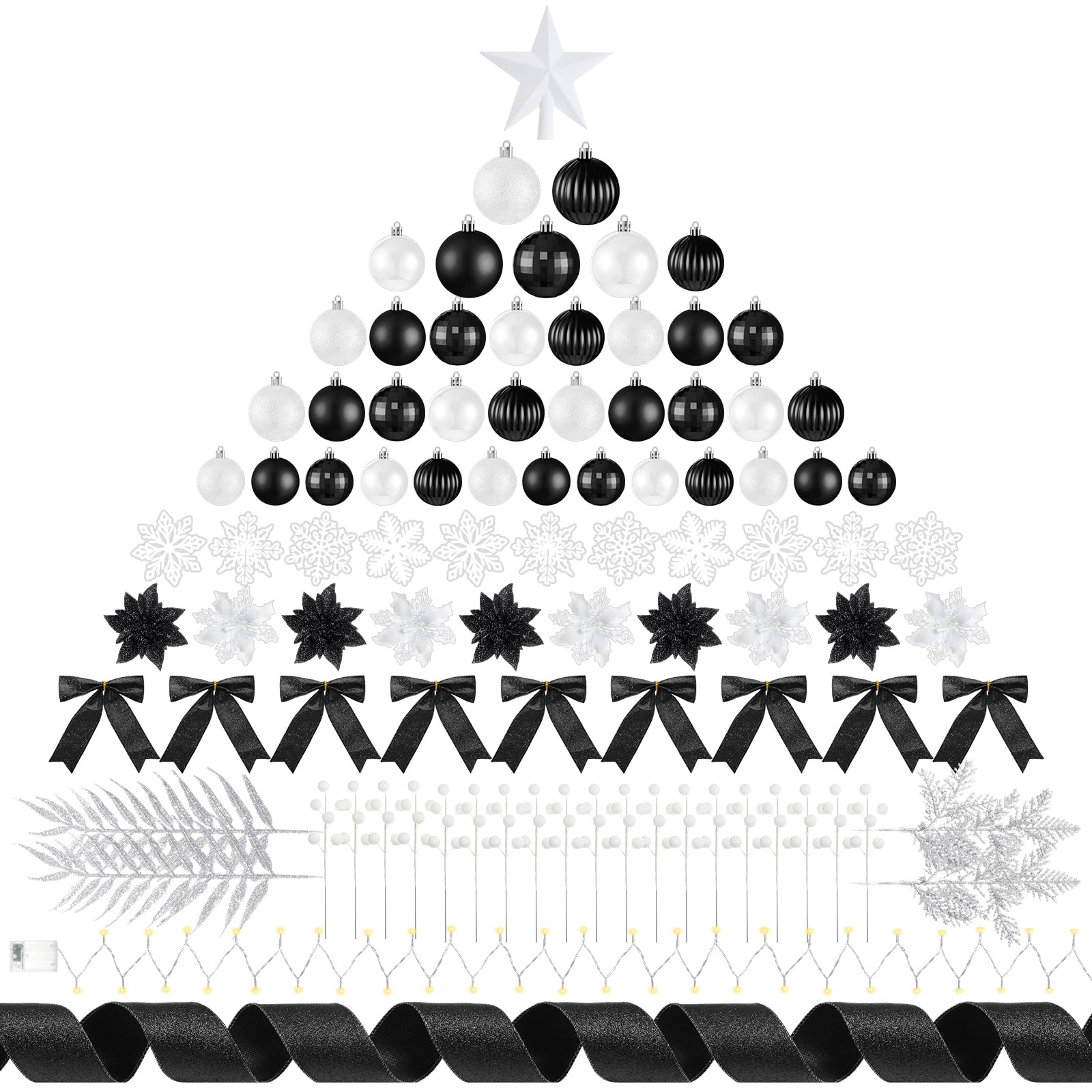Adornos para árbol de Navidad de 108 piezas: solución completa con luces y lazos decorativos