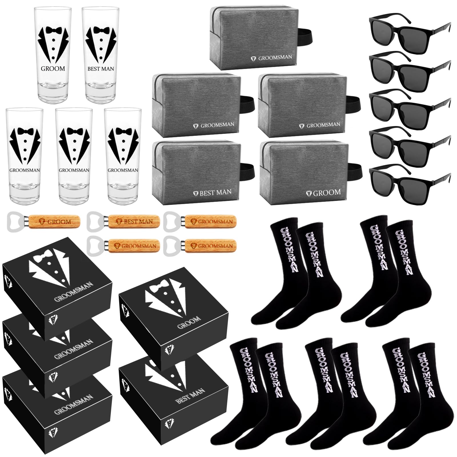 Groomsmens Gifts Set of 5,Groom Best Man Groomsmen Proposal Gifts,2oz Shot Glass,Black Sunglasses,Oxford Bags,Bottle Openers,Black Proposal Boxes,Socks,Wedding Bachelor Party for Groom