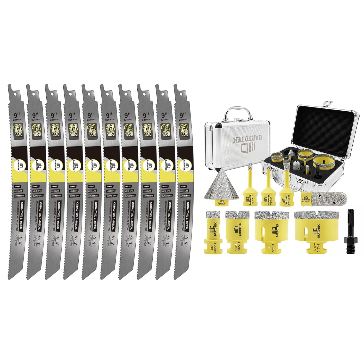 9-Inch 14TPI Reciprocating Saw Blades 10PCS, DARTOTEK and Diamond Core Drill Bits Set 10PCS - DARTOTEK Tile Hole Saw Kit (6/6/8/20/35/50/65mm/20mm/2 SDS