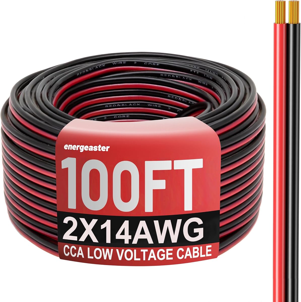 Energeaster 14 Gauge Wire 100FT, 14AWG Automotive Wire Electrical Wire | 2 Conductors Red Black Cable, Low Voltage Copper Clad Aluminum Extension Cord for Speaker Wire, LED, Automotive 12V/24V DC