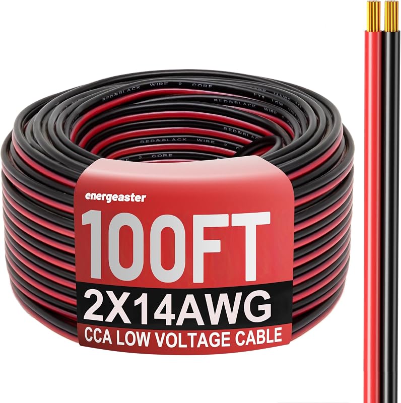 Energeaster 14 Gauge Wire 100FT, 14AWG Automotive Wire Electrical Wire | 2 Conductors Red Black Cable, Low Voltage Copper Clad Aluminum Extension Cord for Speaker Wire, LED, Automotive 12V/24V DC