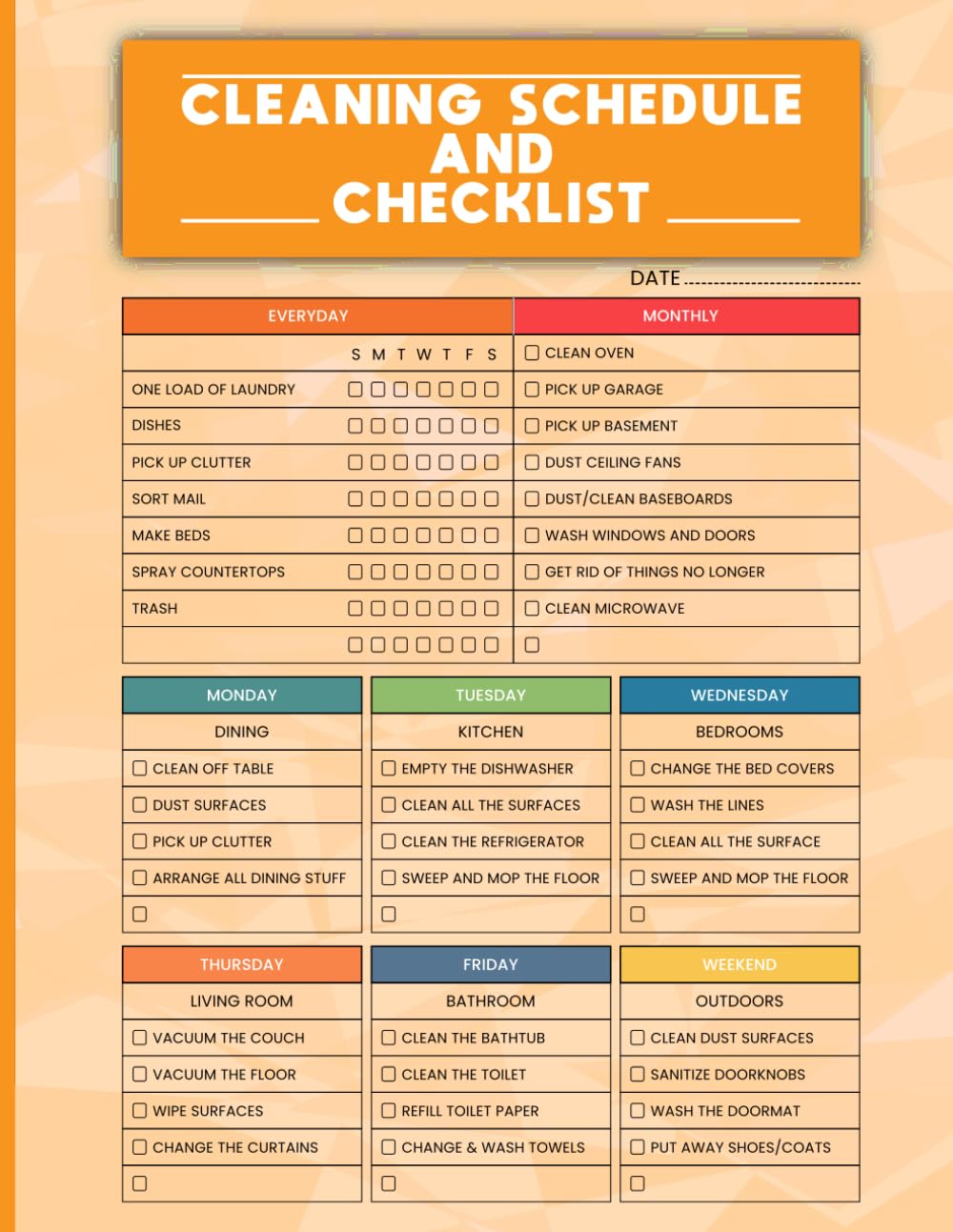 Cleaning Schedule and Checklist: Daily Weekly and Monthly Cleaning Schedule Checklist Planner and Organizer | 8.5 x 11 Inches, 110 Pages