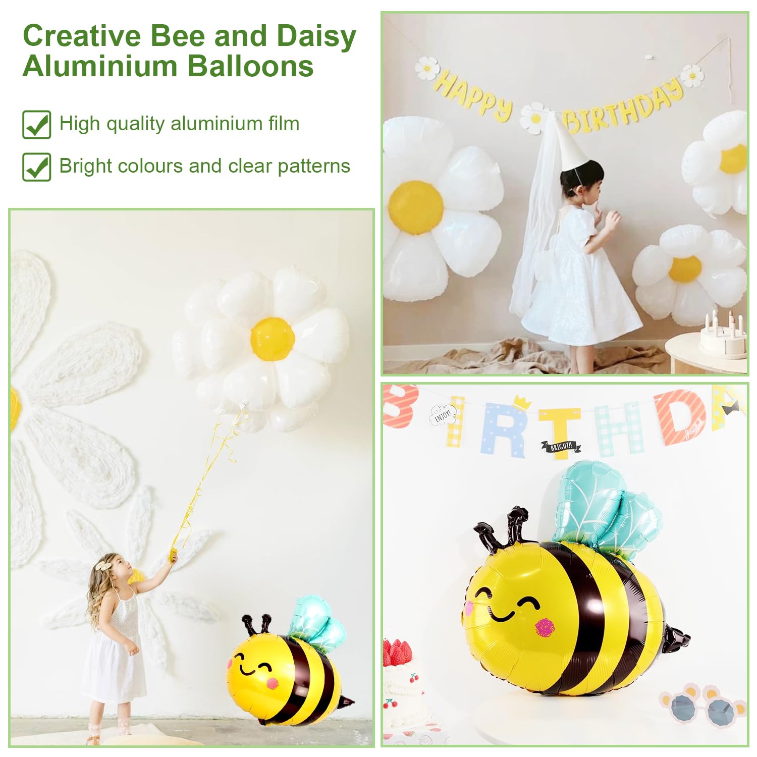 6-tlg. Bienen & Gänseblümchen Ballon-Set - Goldfolie Ballons Für Geburtstagsdeko & Partys