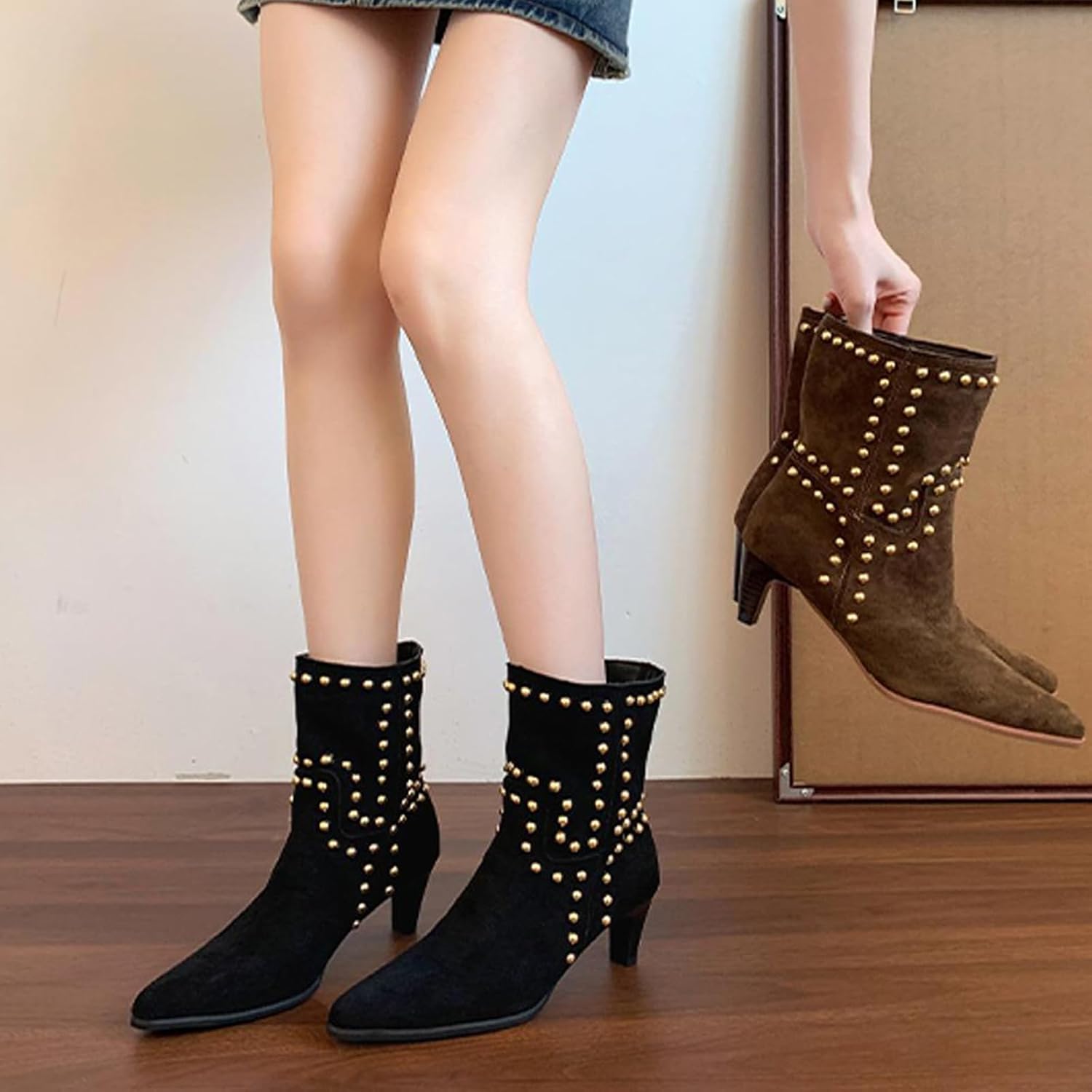 Womens Suede Studded Kitten Heel Ankle Boots Fashion Pointed Toe Pull On Low Heel Mid-Calf Booties For Party Prom Dressy Dating