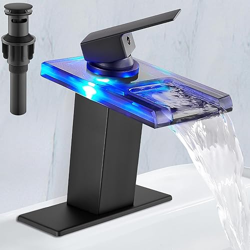 Midanya Grifo LED de níquel cepillado para lavabo de baño, grifo de baño con boquilla de vidrio abierto en cascada, mango único, 3 colores