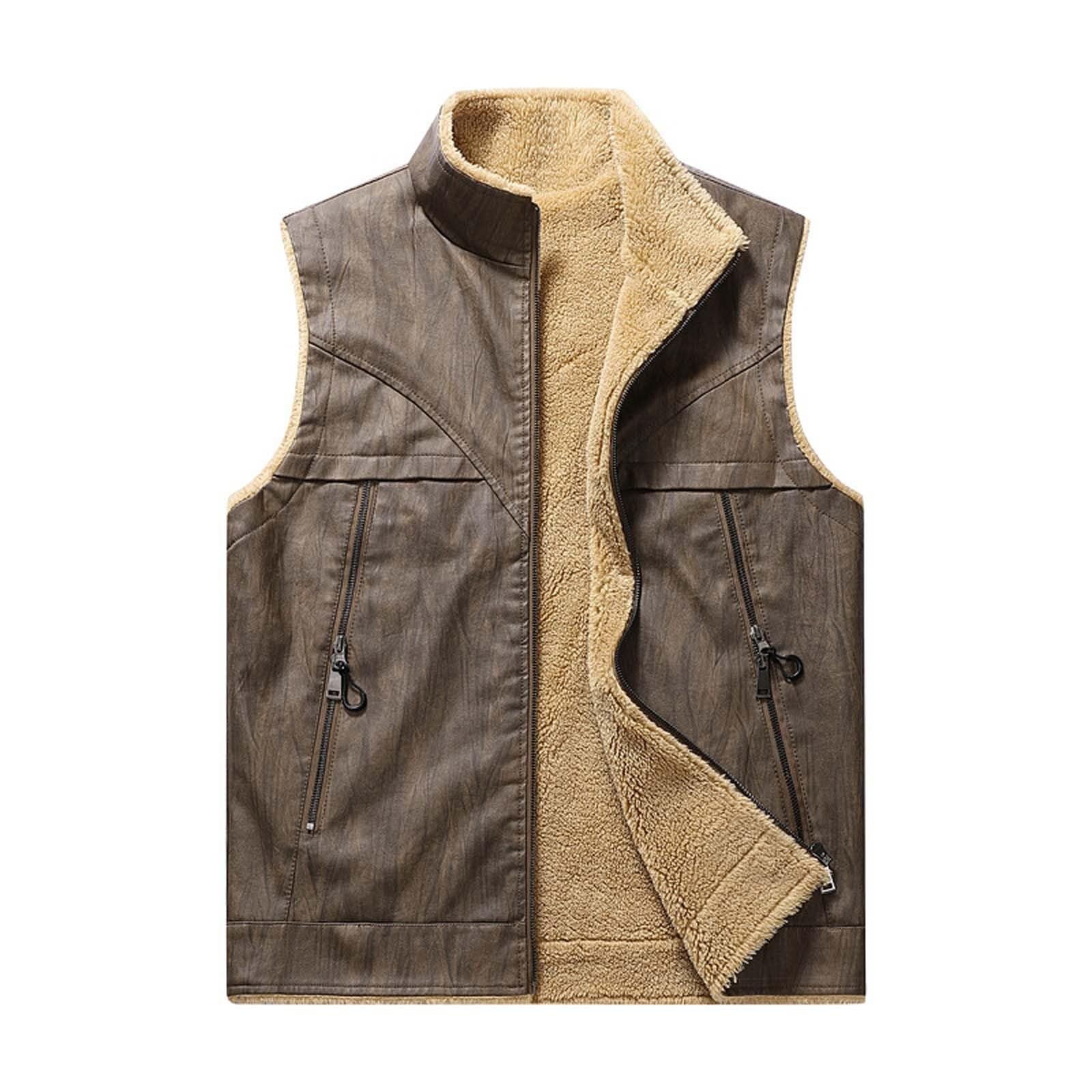 Generisch 2026 Gepolsterte -Lederweste Herren Outdoor-Sport Warmes Unterhemd Schultern Arbeitskleidung Taschenweste (Coffee, XXXL)