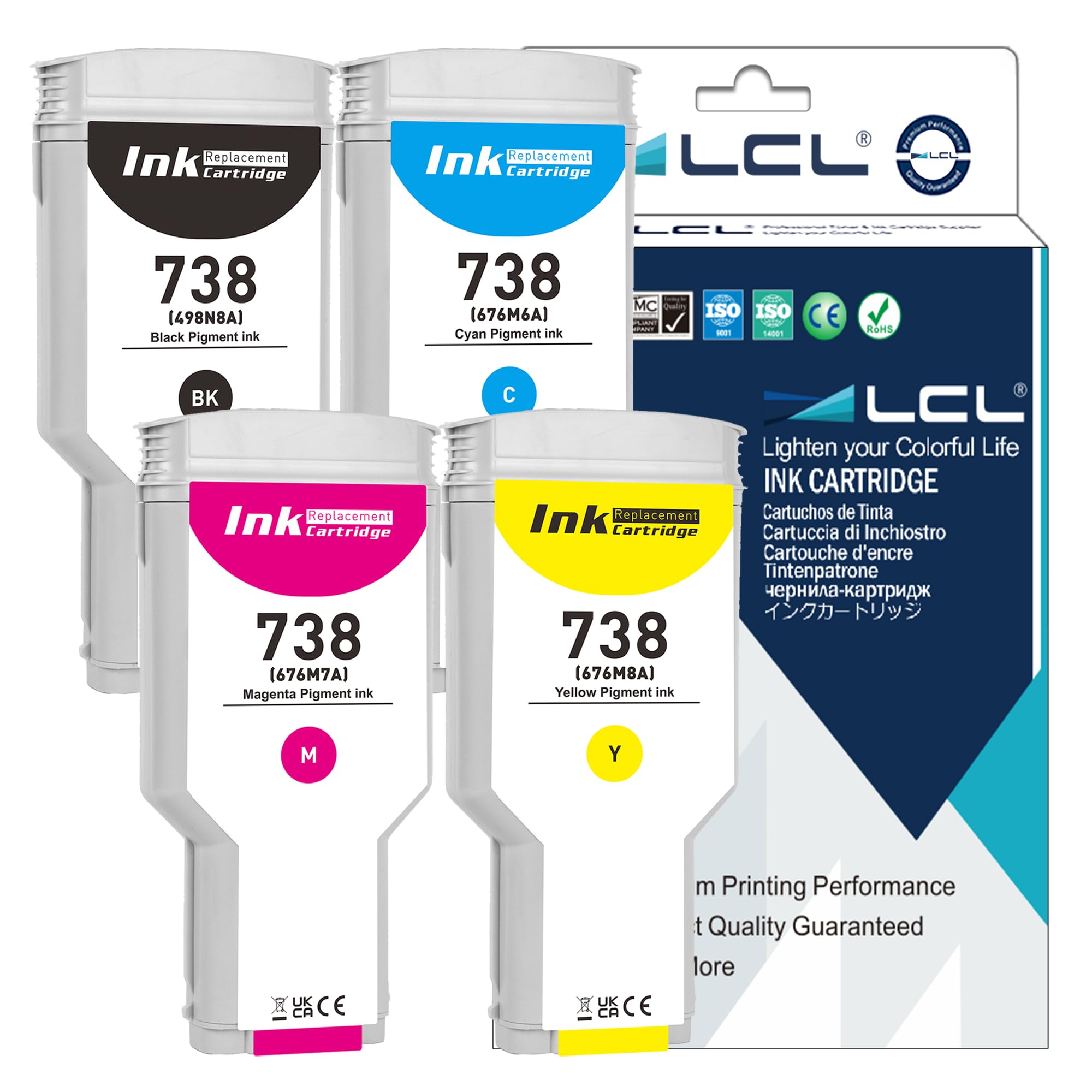 LCL 738 738XL Ink Cartridges 300ML 4-Pack Replacement for HP 738 Ink Compatible with HP DesignJet T850 T950 Wide Format Printer (BK/C/M/Y)