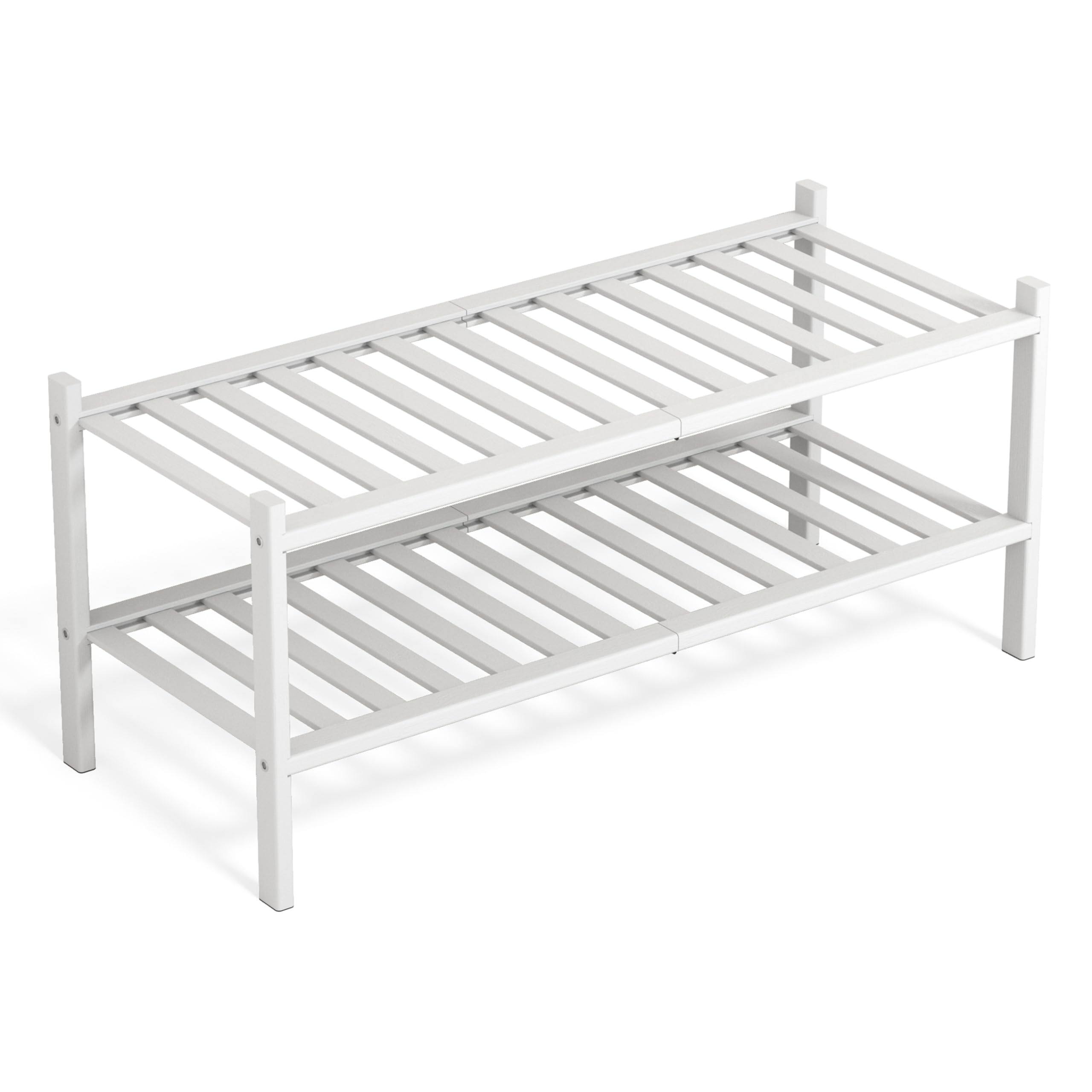 Bamboo Wooden Shoe Rack 2 Tiers – Small Slim Shoe Storage Organiser Hallway Cabinet Stand 68x28x32 cm – Shoe Shelf for Narrow Space Stackable Expandable (White)
