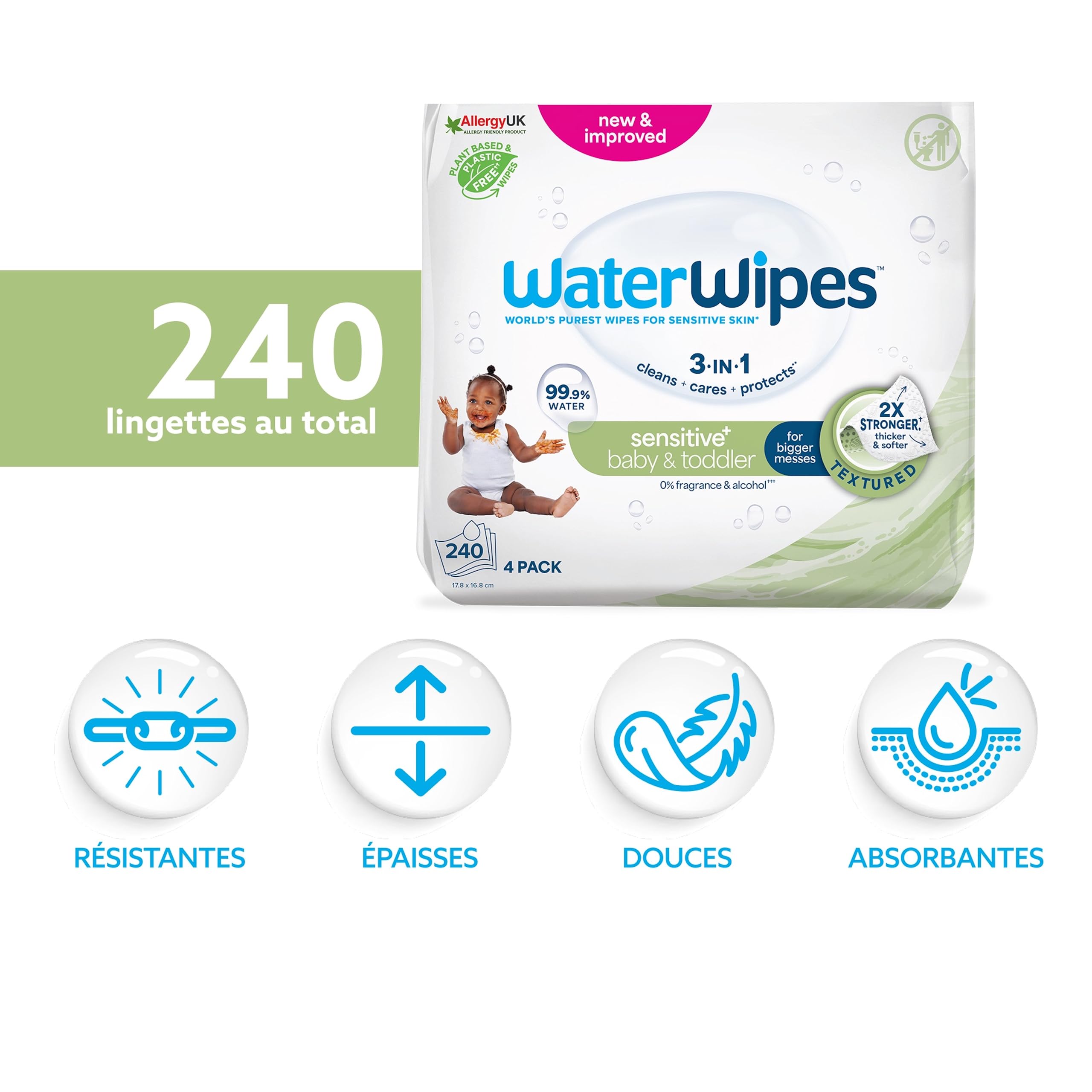 WaterWipes Sensitive+ Baby & Toddler Wipes, Lingettes Pour Bébés et Tout-Petits, 240 unités (4 paquets), 3-en-1 nettoie, soigne, protège, 99,9% d'eau, Textured Clean, non parfumées