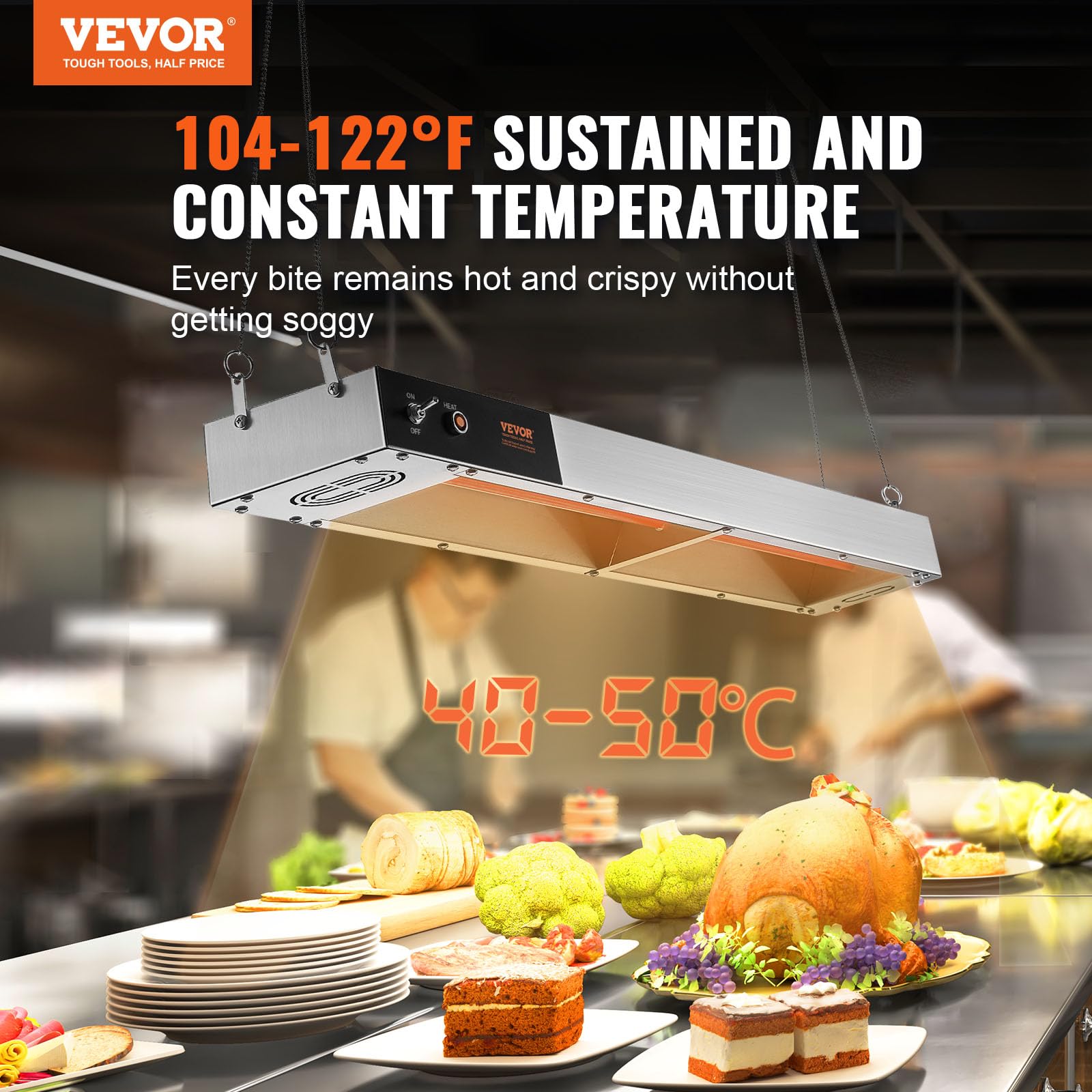 VEVOR Chauffe-Frites Commercial 850 W Lampe Chauffe-Plat Suspendue en Acier Inoxydable Température 40-50 ℃ pour Maintien au Chaud Pizza Poulet Frit Hamburger Aliments Buffet Cuisine Restaurant Magasin