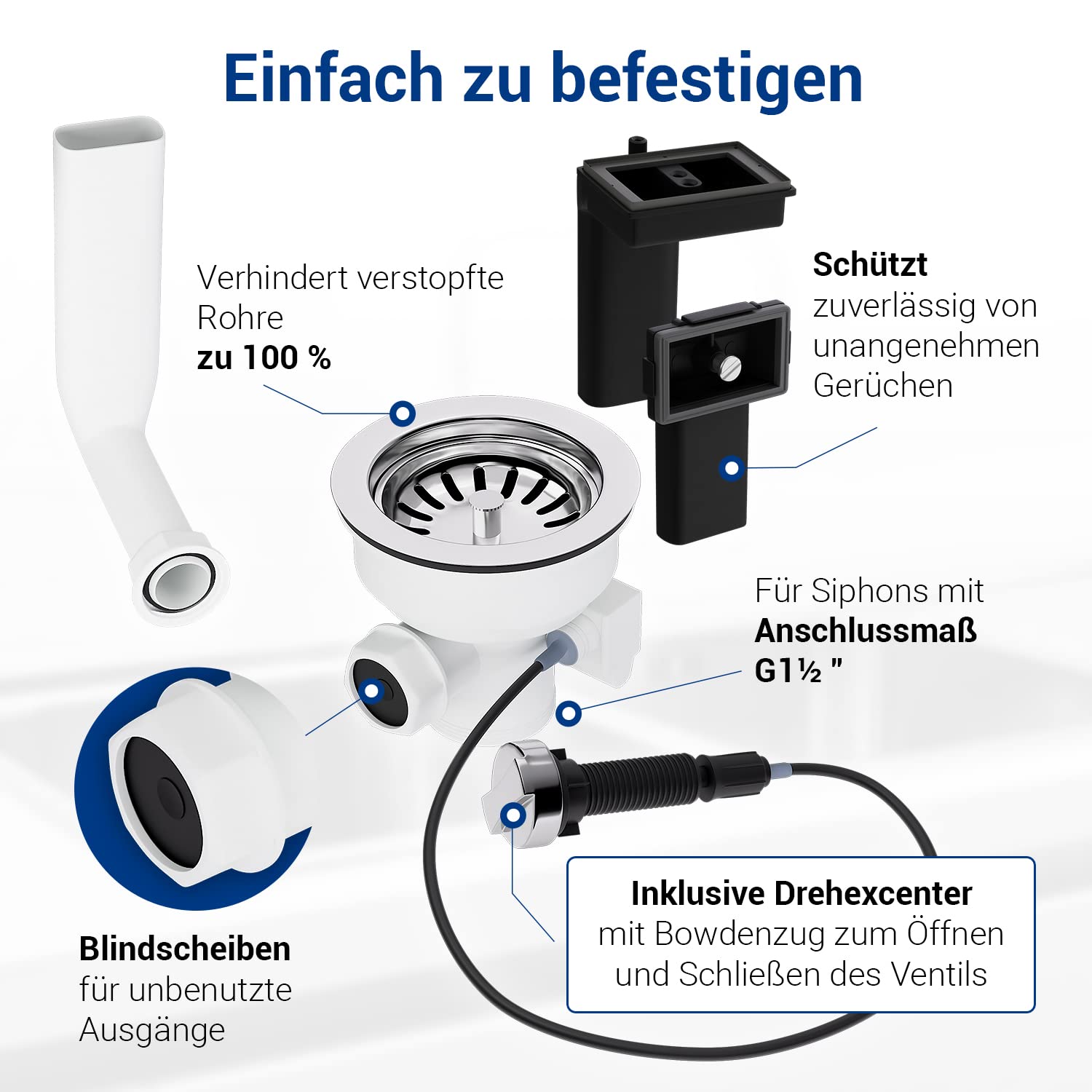 VIOKS Sieb für Spülbecken Set Ø114mm mit Excenterventil und Drehbetätigung/Abflusssieb Küchenspüle & Überlauf/Ablaufgarnitur Waschbecken