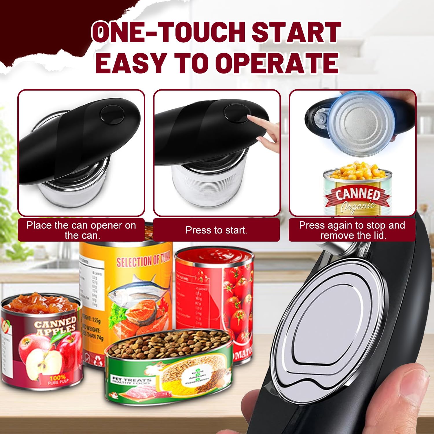 Apriscatole Elettrico per Anziani e Cucina - Automatico, Funzione Avvio/Arresto One Touch, Bordo Liscio, Lama Affilata, Portatile, Potente, Ricaricabile, Senza Fili