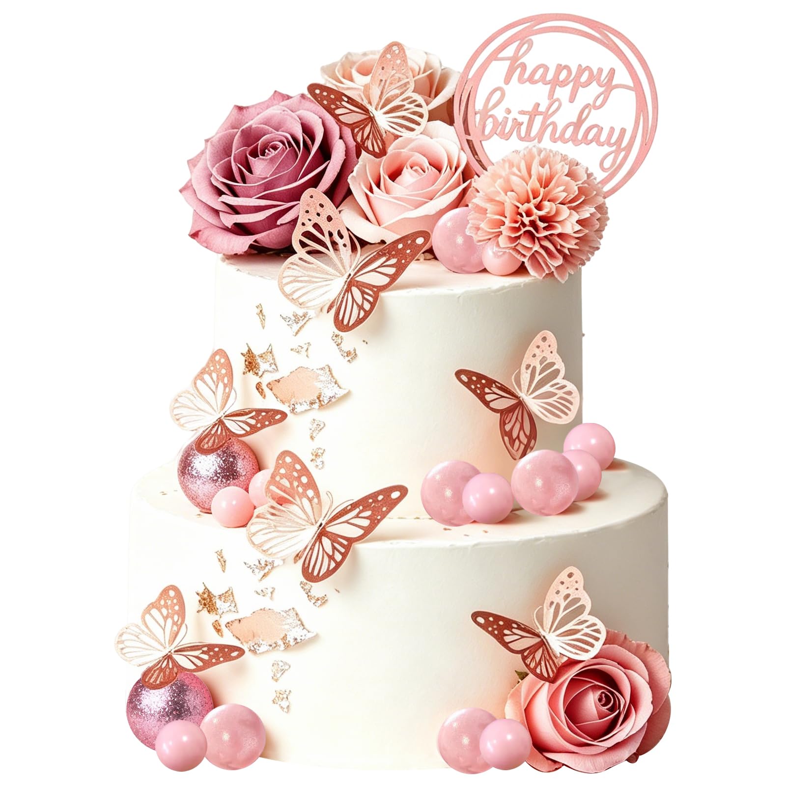 Flower Cake Toppers Set, Happy Birthday Rose Gold Cake Decorations, 27 Pcs