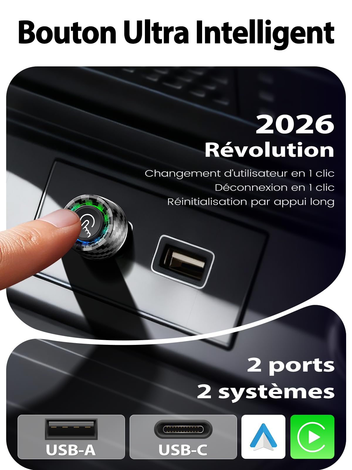 Adaptateur CarPlay Sans Fil, Changement 2 Smartphones par Bouton, Android Auto Sans Fil pour GPS Portable Voiture, Ultra Mini, Connexion Stable, Compatible avec iPhone (iOS 10+) & Android 10+, Caché