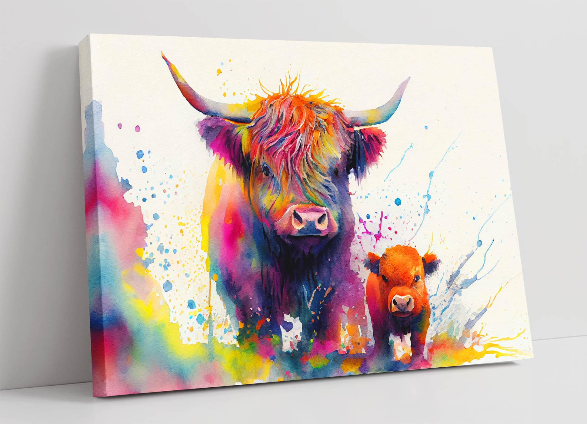 RAINBOW WATERCOLOUR HIGHLAND COW WITH BABY COW Canvas Wall Art Picture Print - 12 inch wide x 8 inch high (Frame Depth 30mm)