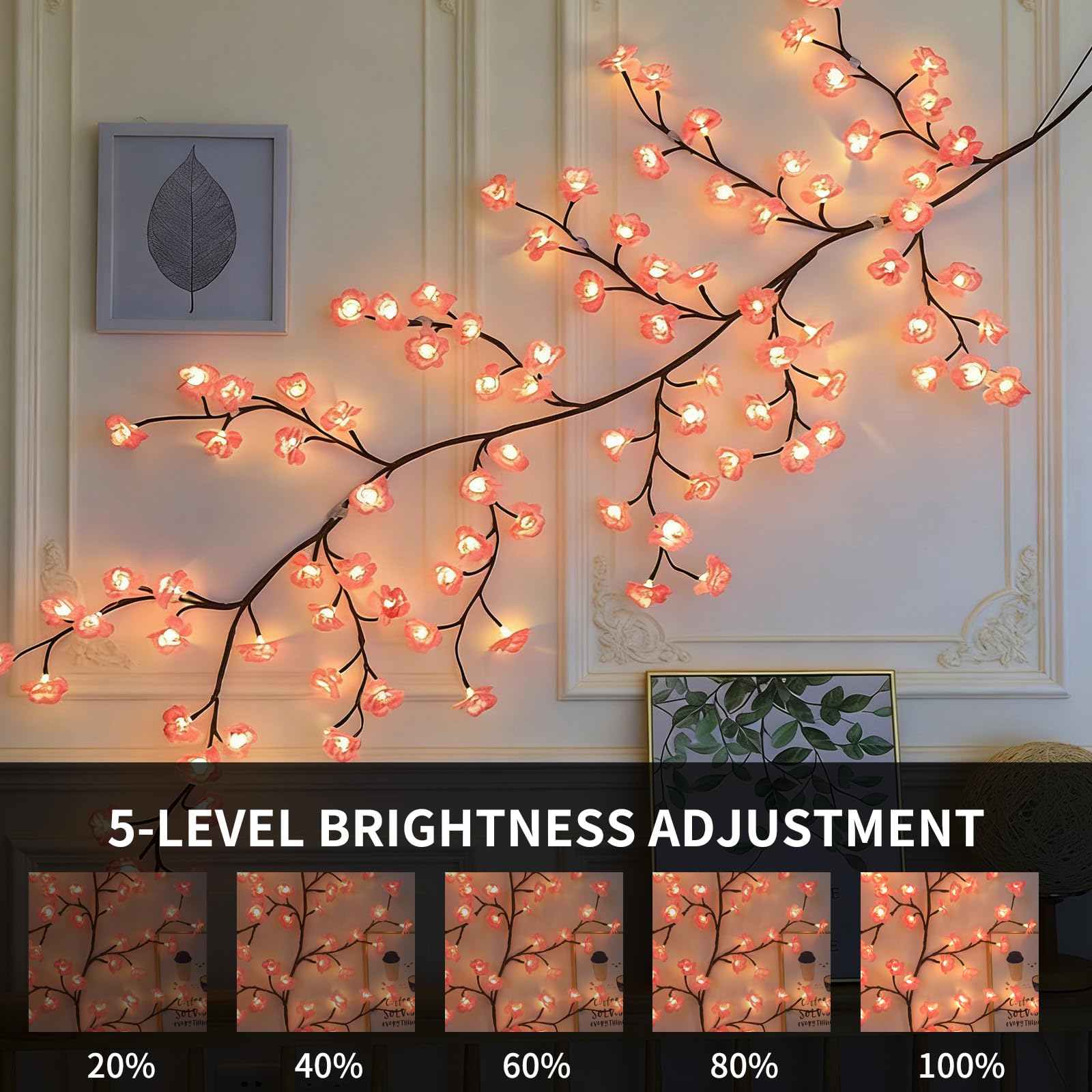 Luces de Ramas de Flores de Cerezo LED,96 LEDs Decoración de Pared de Flores de Cerezo 180CM,Cadena de luces con Flor de Cerezo,Luces LED de Ramas de árbol de Cerezo para Pared,para Dormitorio,Arte de