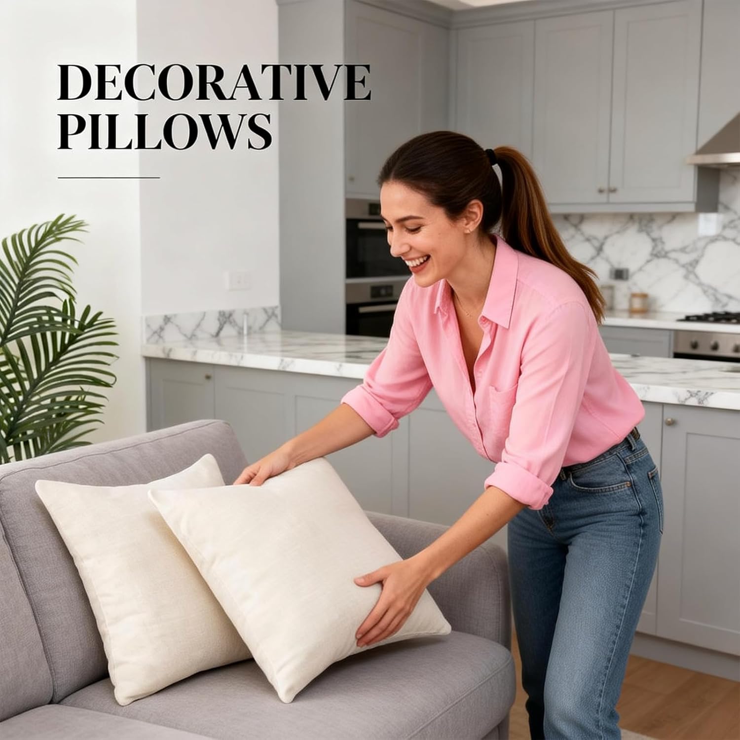 Throw Pillows with Inserts Included, 18x18 Couch Pillows,Throw Pillows for Couch,Cotton-Linen Blend,Off White,2 Pack.