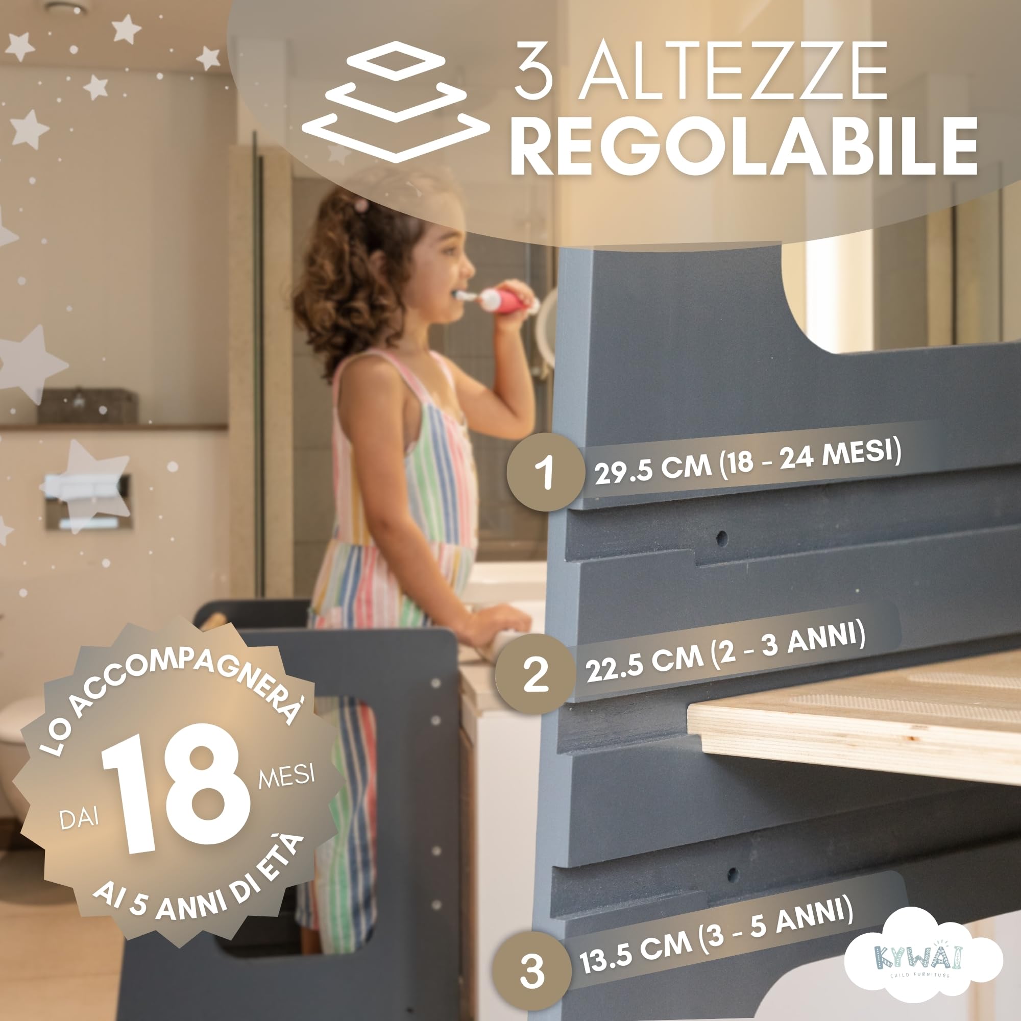 KYWAI ® Torre Montessoriana bambini in Legno - Torretta Montessoriana - Torre Montessori - Scaletta Bambini - Learning Tower - Scaletta Montessori per bambini (Grigio)