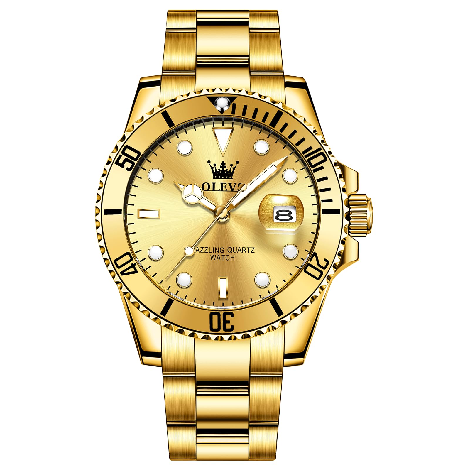 OLEVS Men's Stainless Steel Watch, Easy to Read Gold Silver Two Tone Analog Quartz Wristwatch, Luxury Rotating Bezel Magnified Date Waterproof Luminous Dress Watches for Men