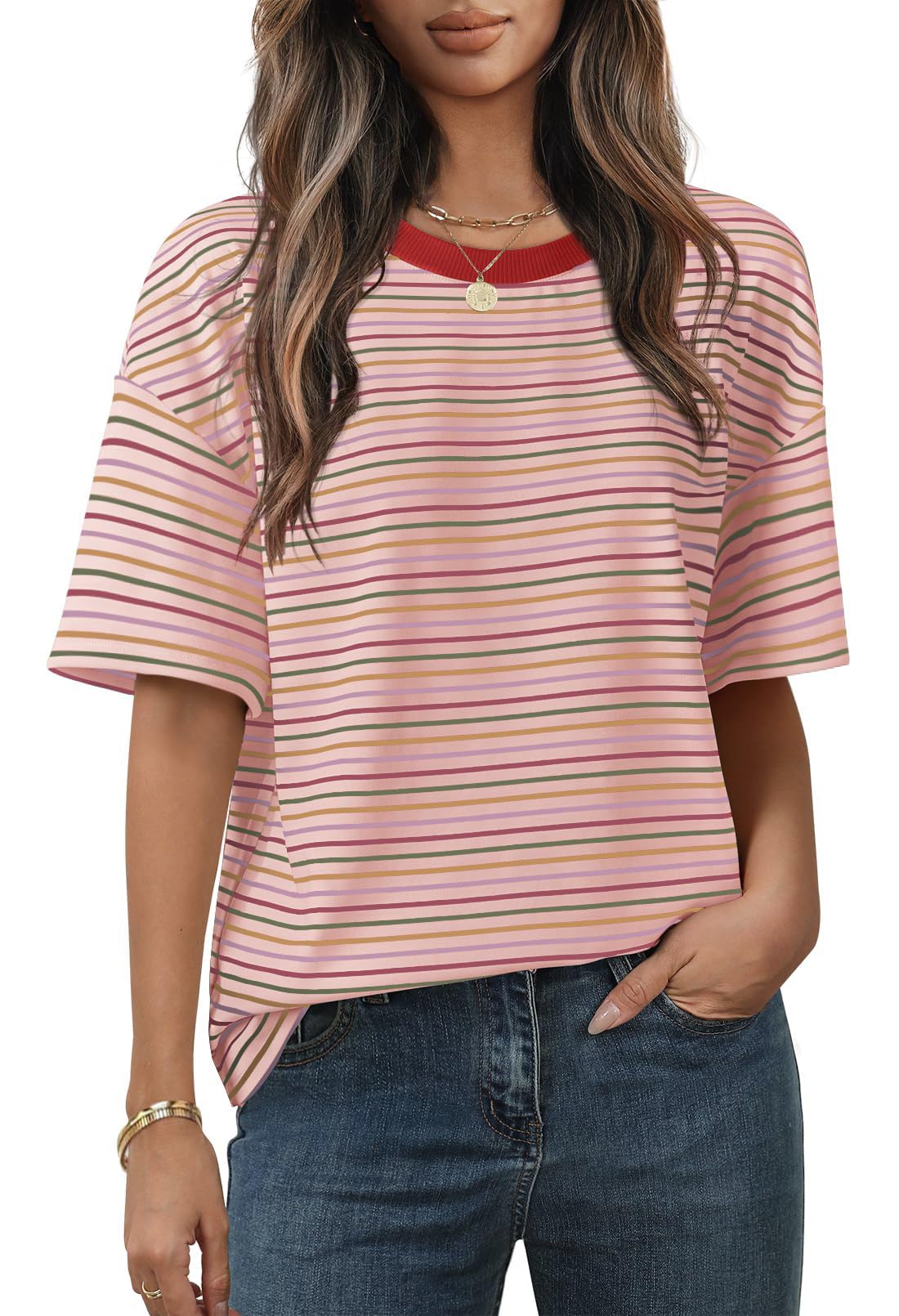 Cuptacc Tshirt Damen Rundhals Oversize Tunika Kurzarm Oberteile Damen Sommer Locker T Shirt Bunt Gestreiftes Elegant Top