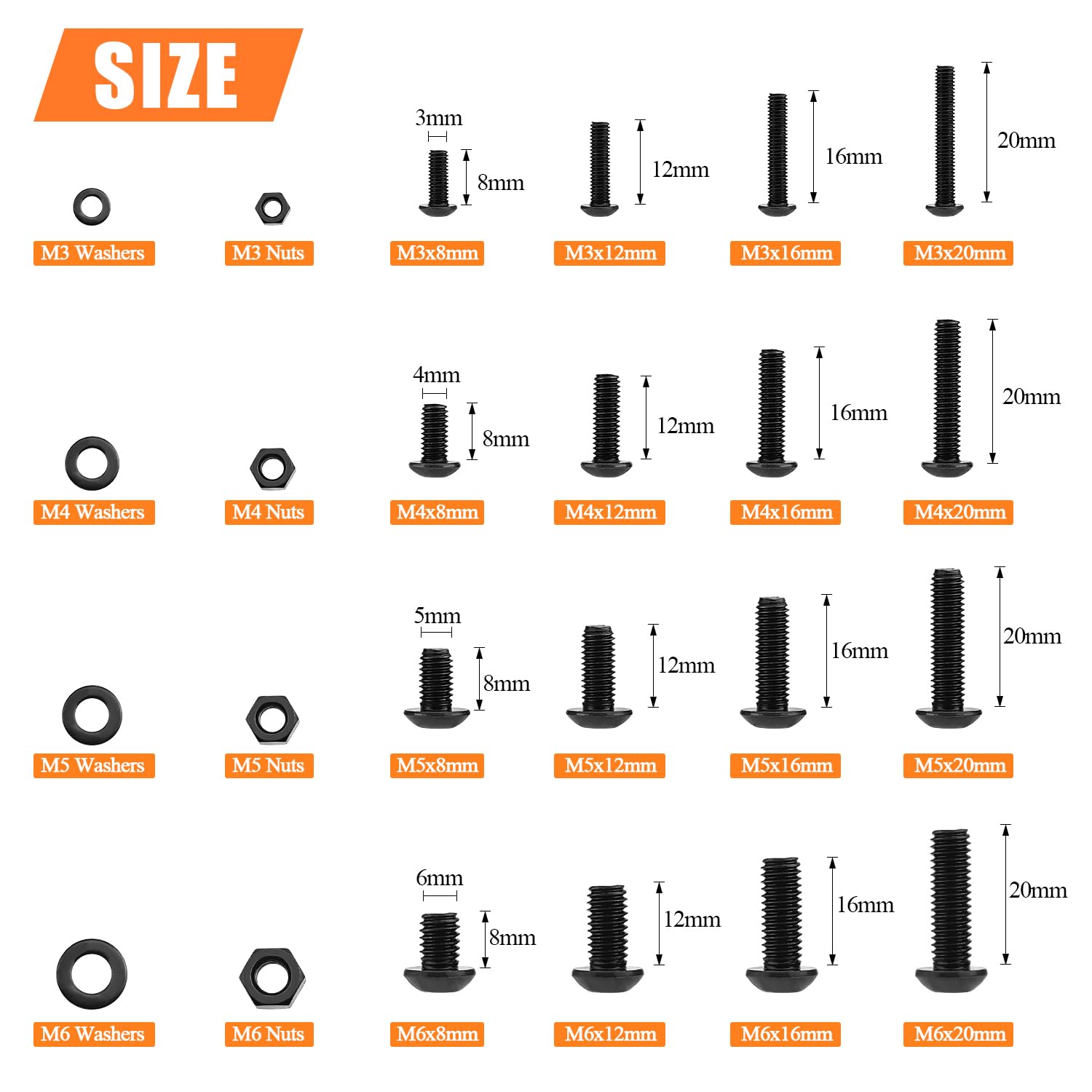 HELIFOUNER 810 Pieces M3 M4 M5 M6 Button Head Socket Cap Screws Bolts Washers Nuts Kit with Hex Wrenches, 10.9 Grade Alloy Steel, Full Threaded, Black