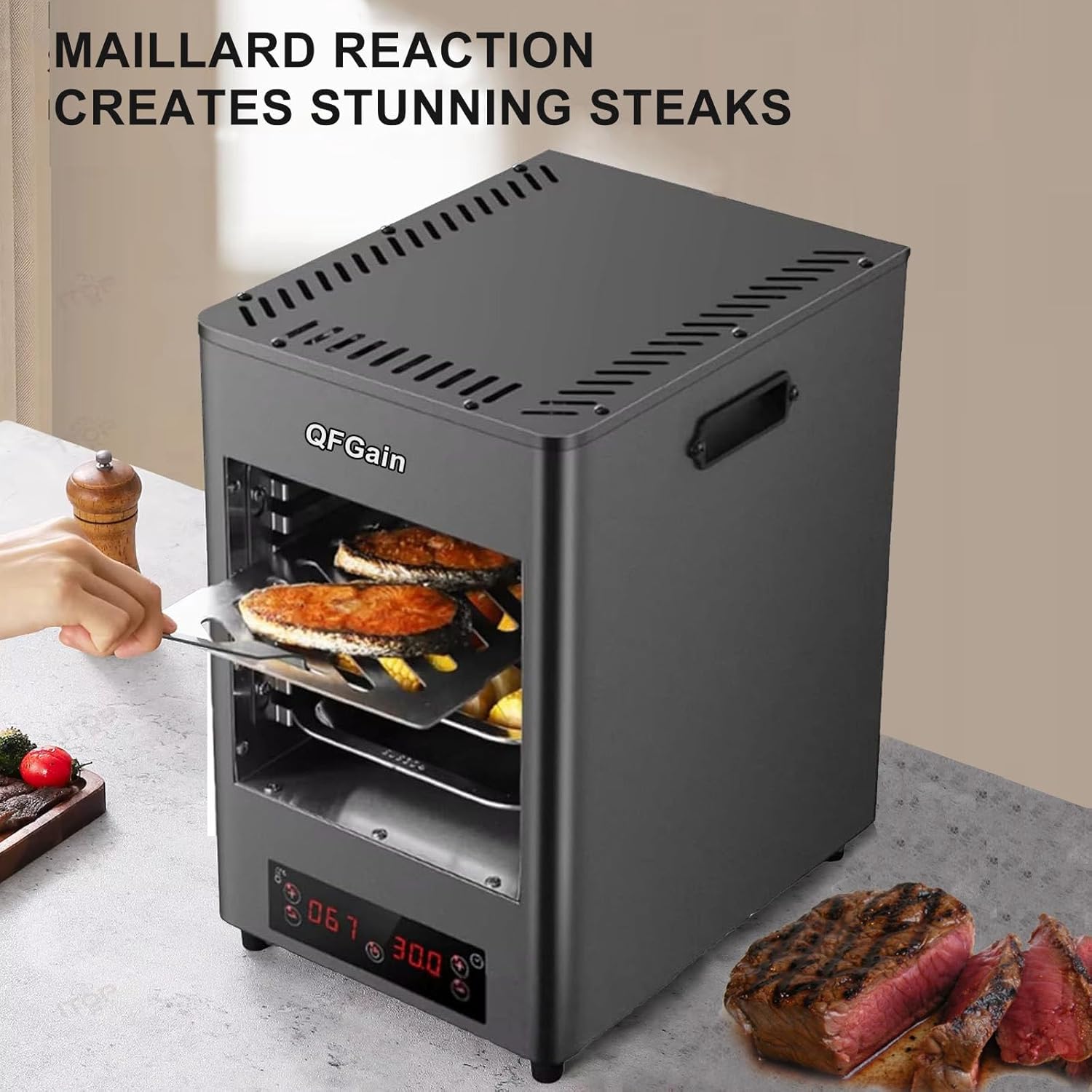 1700W Smart Touch Screen Steak Grill Oven, Electric Steak Broiler with 8 Grilling Slots, Commercial Table Top Steak Searer, 5Min Fast Preheating, Max Temp 1472℉, Air Frye-Grey-220