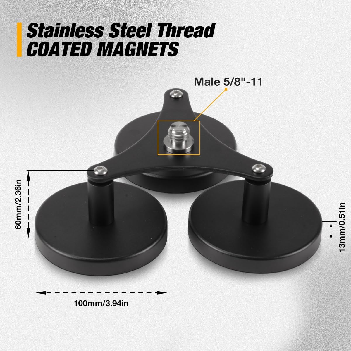 Triple Magnetic Antenna Mount - Heavy Duty Magnetic Base GNSS Mounting System with 5/8" x11 Thread for Survey Base, Vehicles & Pipeline Survey | 120lb Pull Force, Spring-Adjusted Design