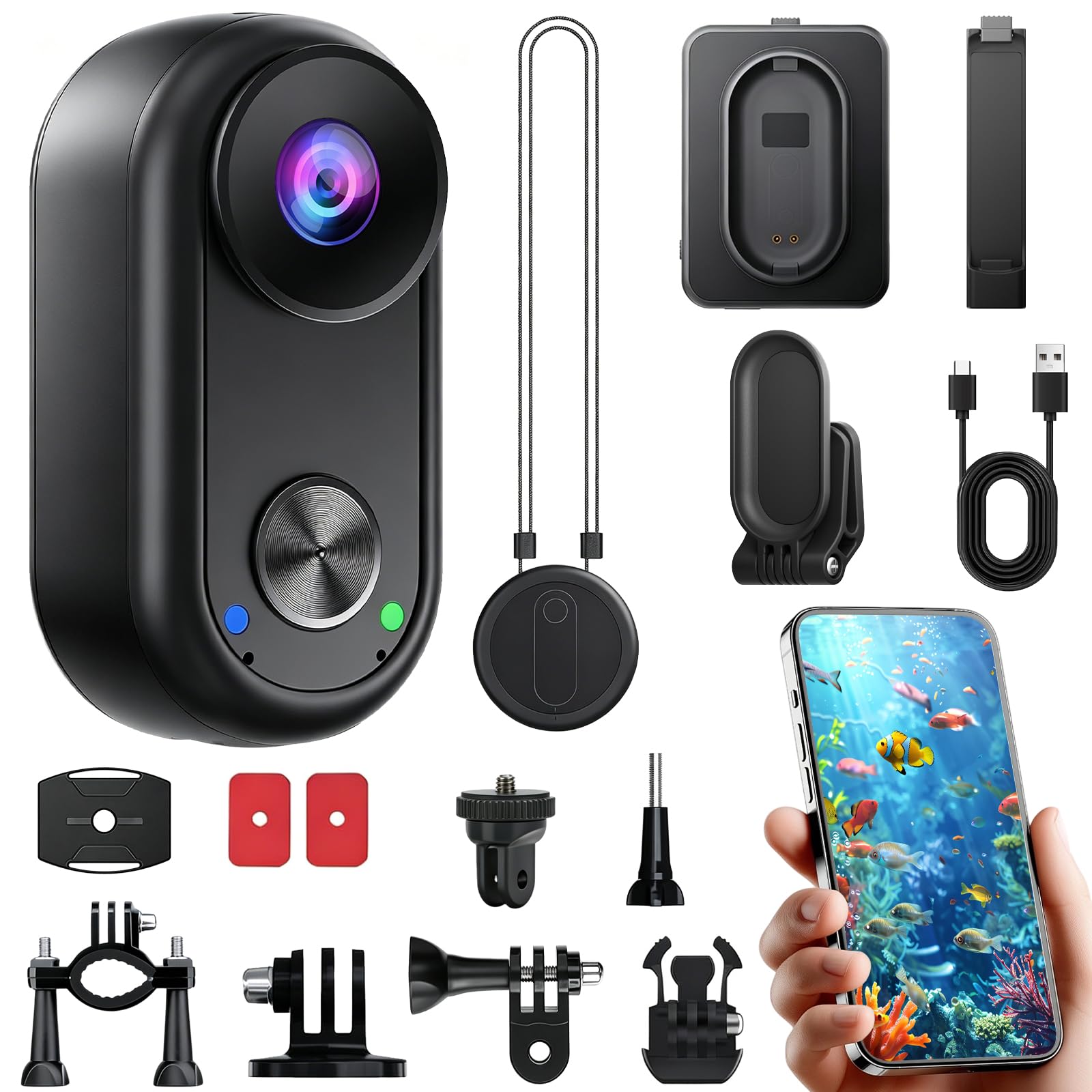 OBEST Cámara Deportiva 4K Estabilizador Mini Camara Acción WiFi Impermeable, 360 Bodycam Cámara Corporal Subacuática, Camara Casco Moto Magnético Action Camera POV para Vlog Diaria Esquí Natación