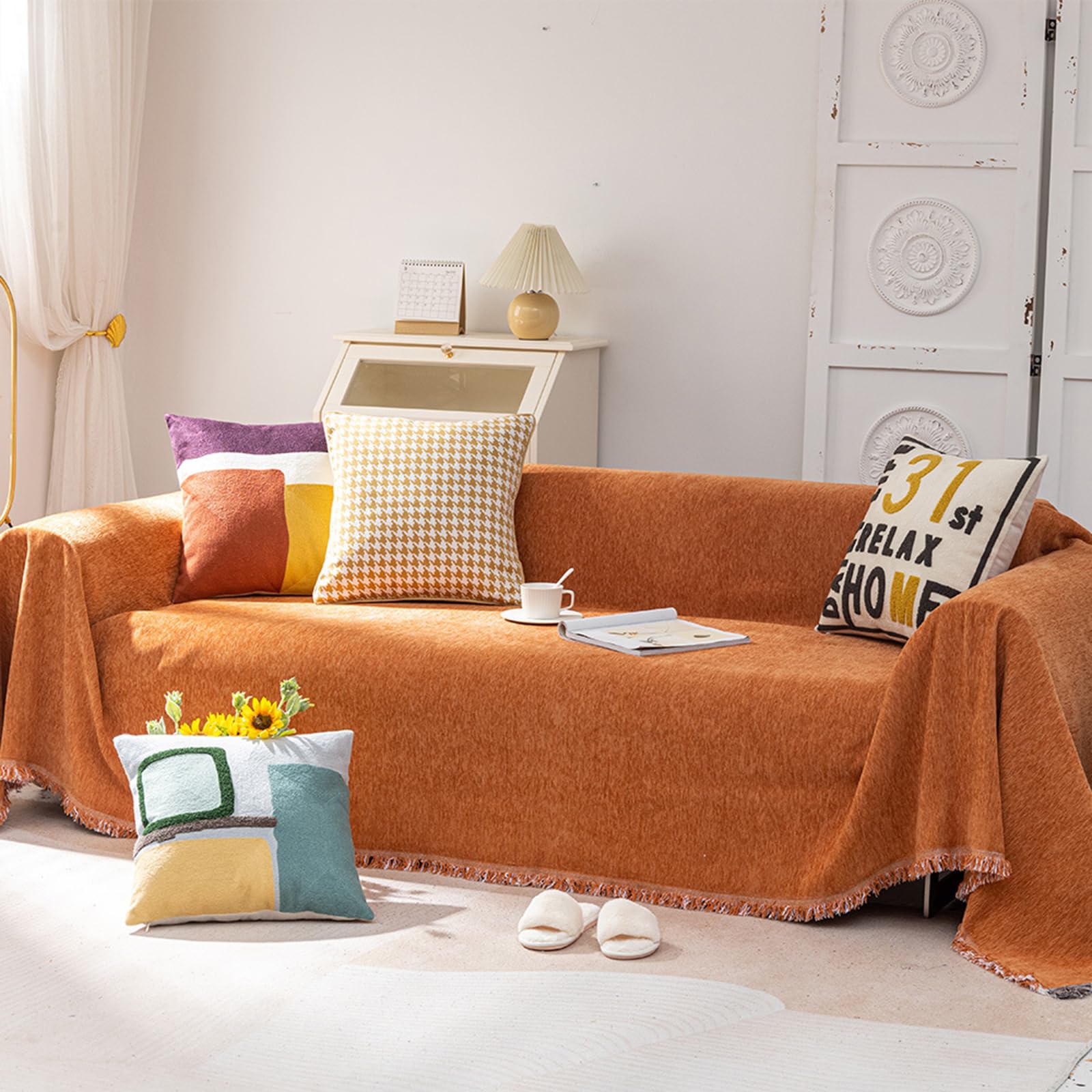 Throws for Sofas Large Throws for Settees Simple Throw Blanket For Sofas Small/ Large 1/2/3/4 Seater Chenille Sofa Cover With Tassels Multifunctional Sofa Protective Cover For L U-Shaped Sofa/Armless