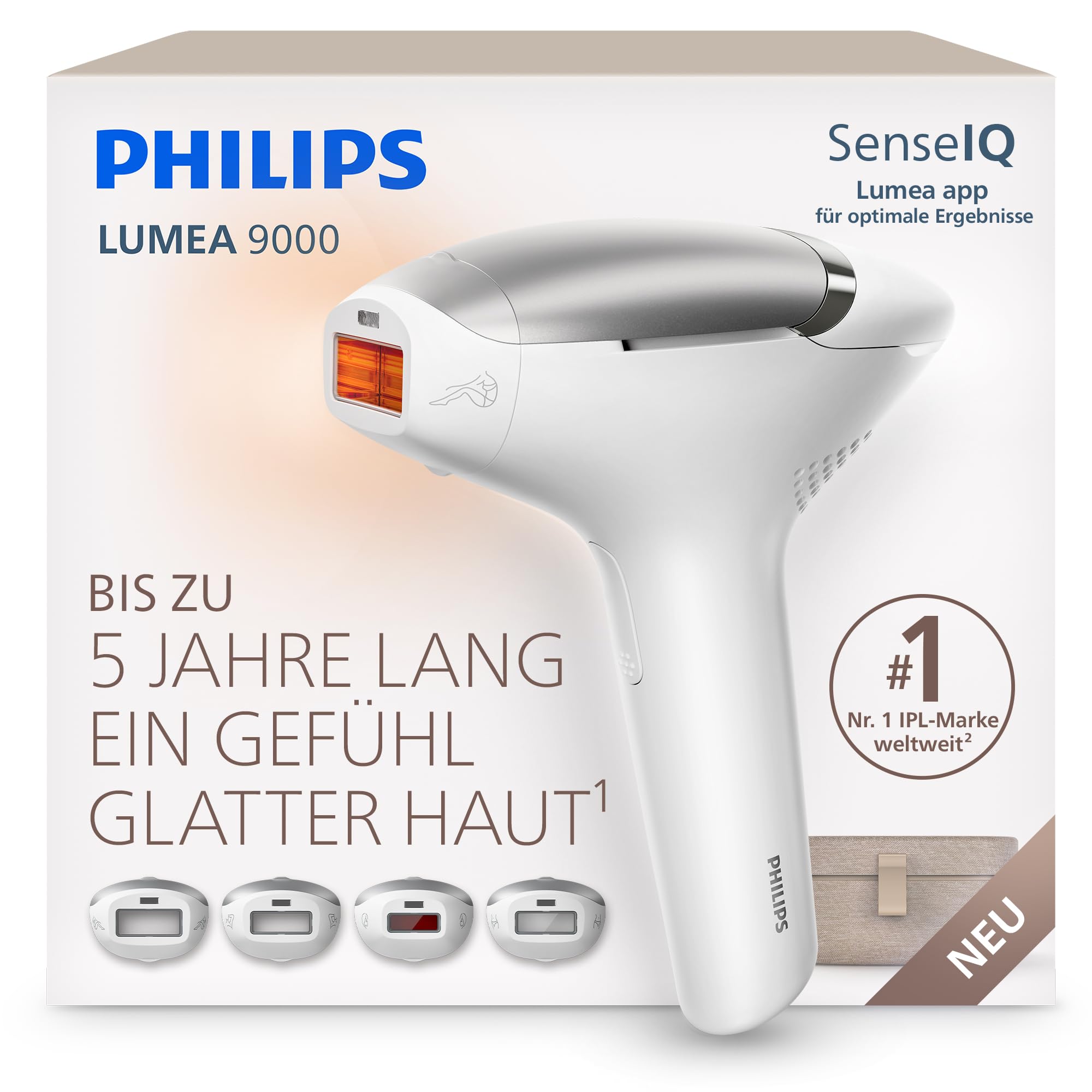 Philips Lumea 9000 IPL-Haarentfernungsgerät - Bis zu 5 Jahre lang ein Gefühl glatter Haut¹, Anwendung zu Hause, 4 Aufsätze: Körper, Gesicht, Bikinizone, Achseln, BRI983/00