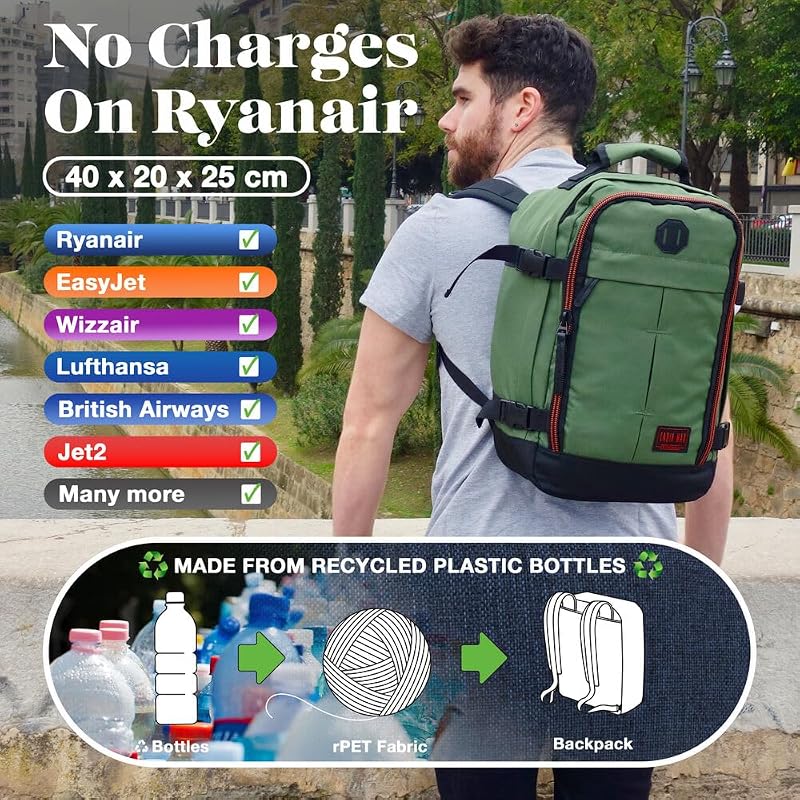 Cabin Max Metz Ryanair Kézipoggyász Hátizsák, 40x20x25 cm, Újrahasznosított RPET Anyagból, Repülőgép Fedélzeti Táska, Utazási Hátizsák