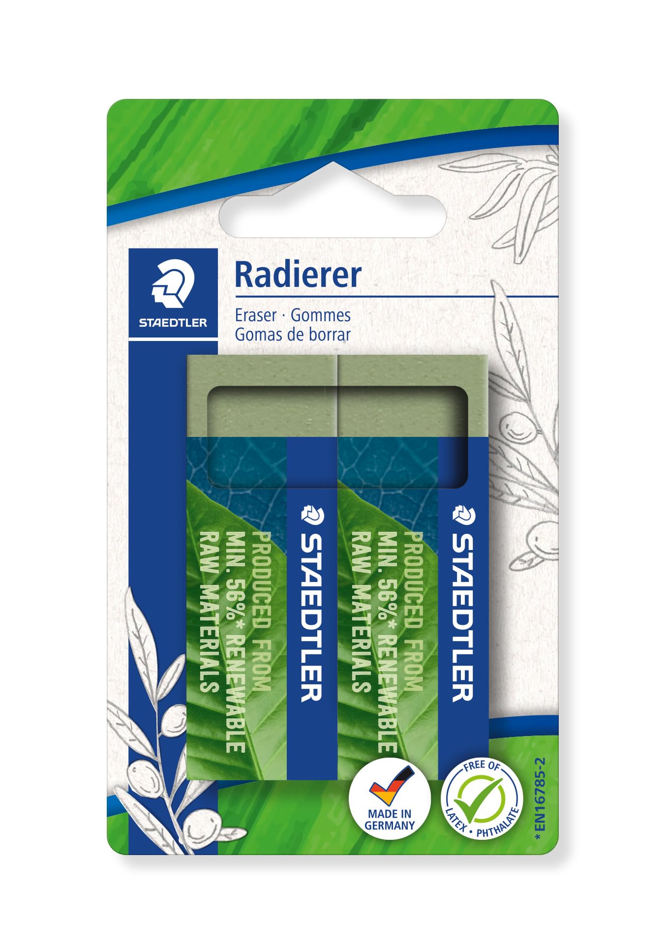 STAEDTLER Eraser, Eraser Made from up to 56% Natural and Renewable Content, Phthalate and Latex Free, Sliding Cuff, Size 65 x 23 x 13 mm, 2 Olive Green erasers on Blister Card, 526 80BK2
