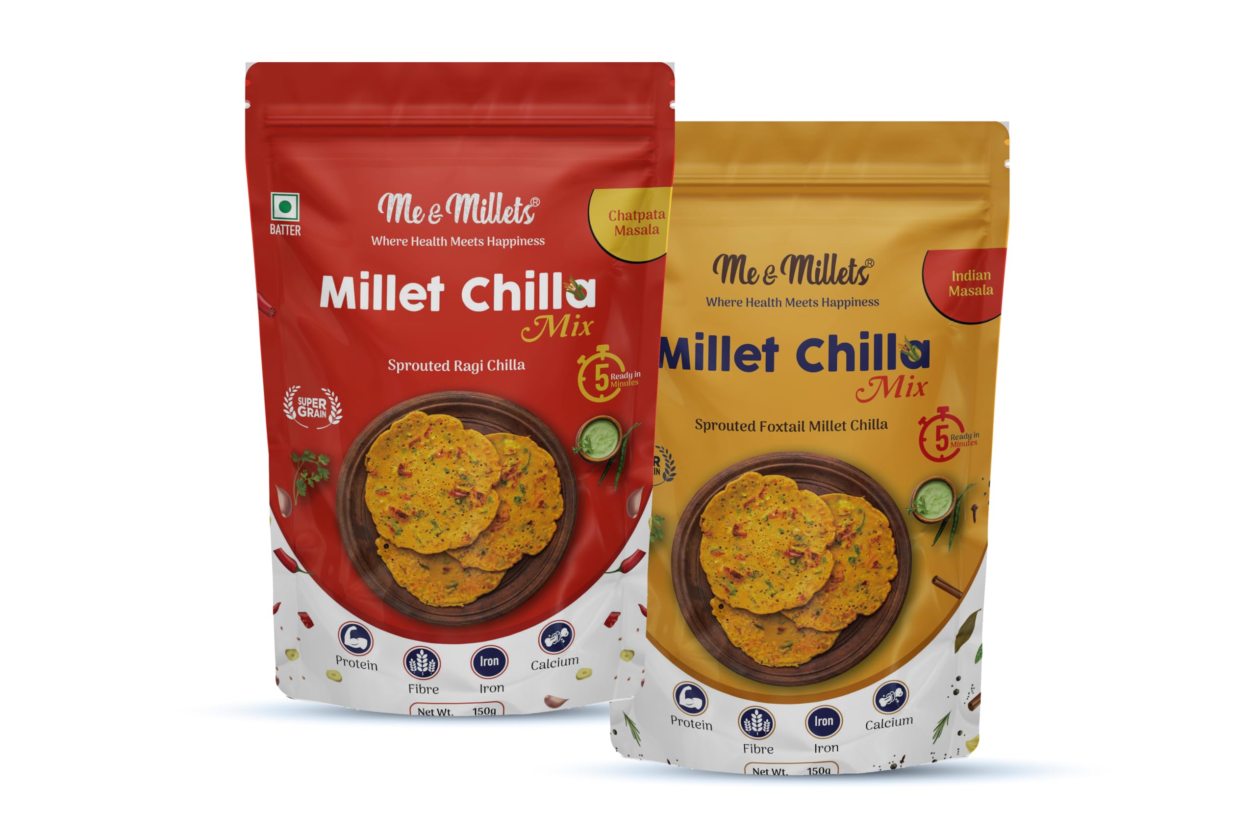 Me & Millets, Sprouted Millet Chilla Mix, Chatpata Masala and Indian Masala, Sprouted Millets and Pulses 150g, Pack of 2 (B0D9VHNPDP) Amazon Price History, Amazon Price Tracker