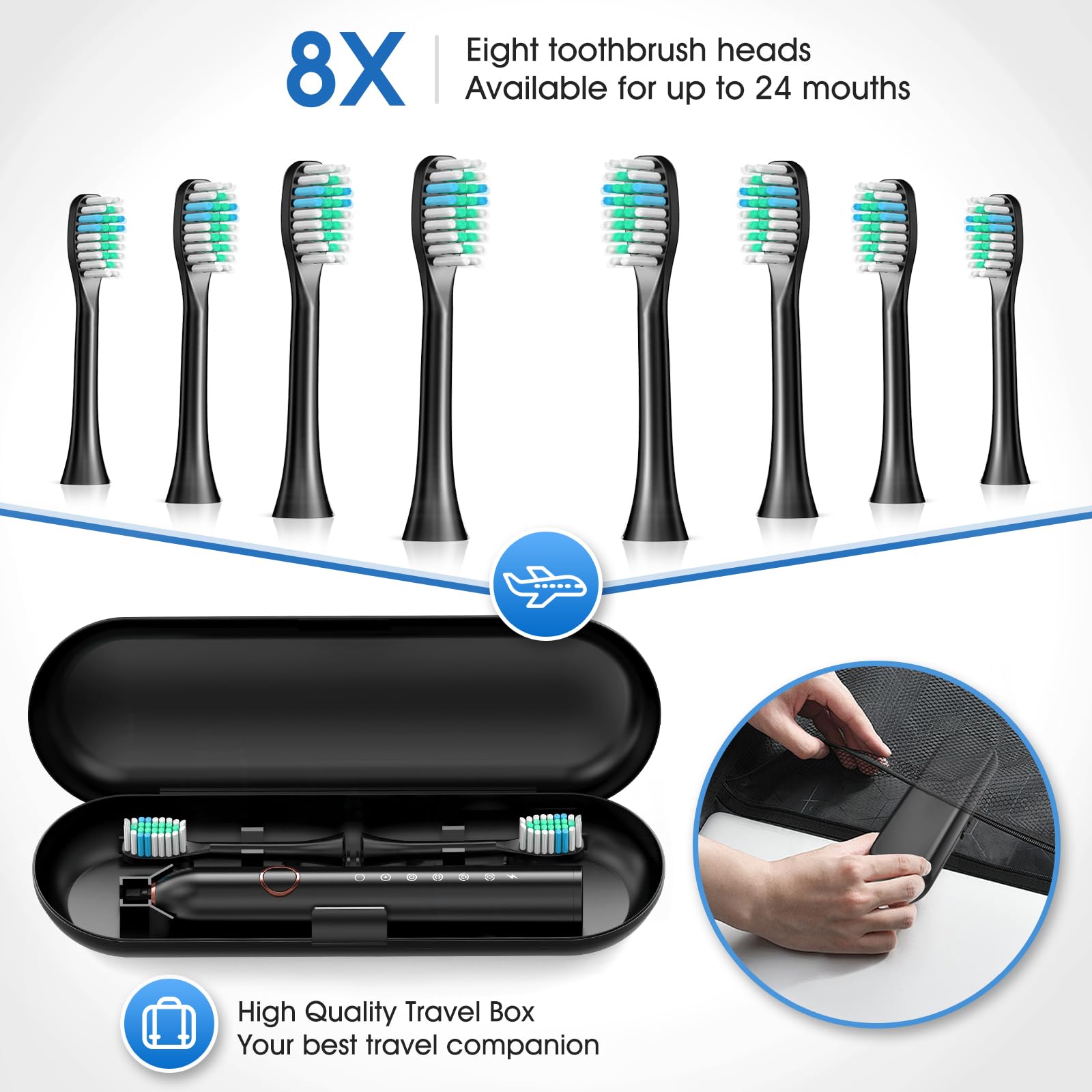 Electric Toothbrush, Sonic Type for Adults & Teens, 8 Brush Heads, Travel Case, 6 Modes, 40000 VPM Electric Motor, IPX7 Waterproof, 2 Minutes Timer, Wireless Charging, One Charge for 100 Days（Black）