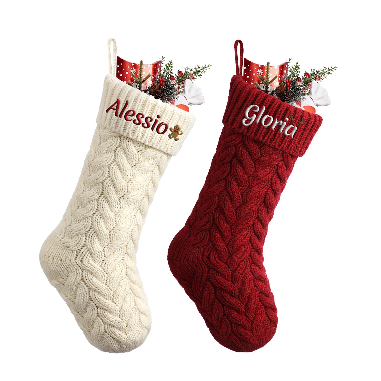 Personalized Christmas Stockings 2PCS Custom Name Family Christmas Stockings, 18" Large Knitted Xmas Fireplace Hanging Stocking, Hanging Ornament for Holiday Party Decoration C