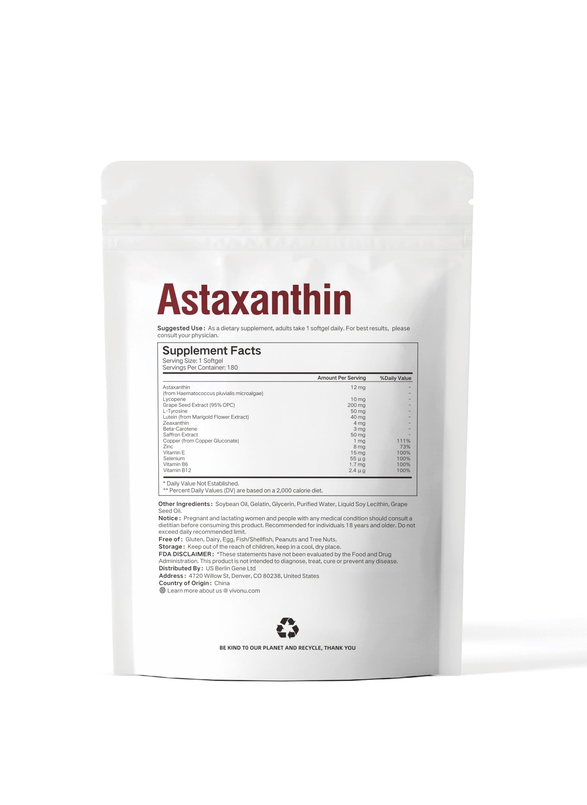 VivoNu Astaxanthin 12 mg & Lutein 40 mg – 6-Monats-Vorrat - Beta Carotin, Zeaxanthin - aus frischer Mikroalgenquelle, unterstützt Augen, Haut, Gelenk antioxidativer Schutz, 180 Weichkapseln