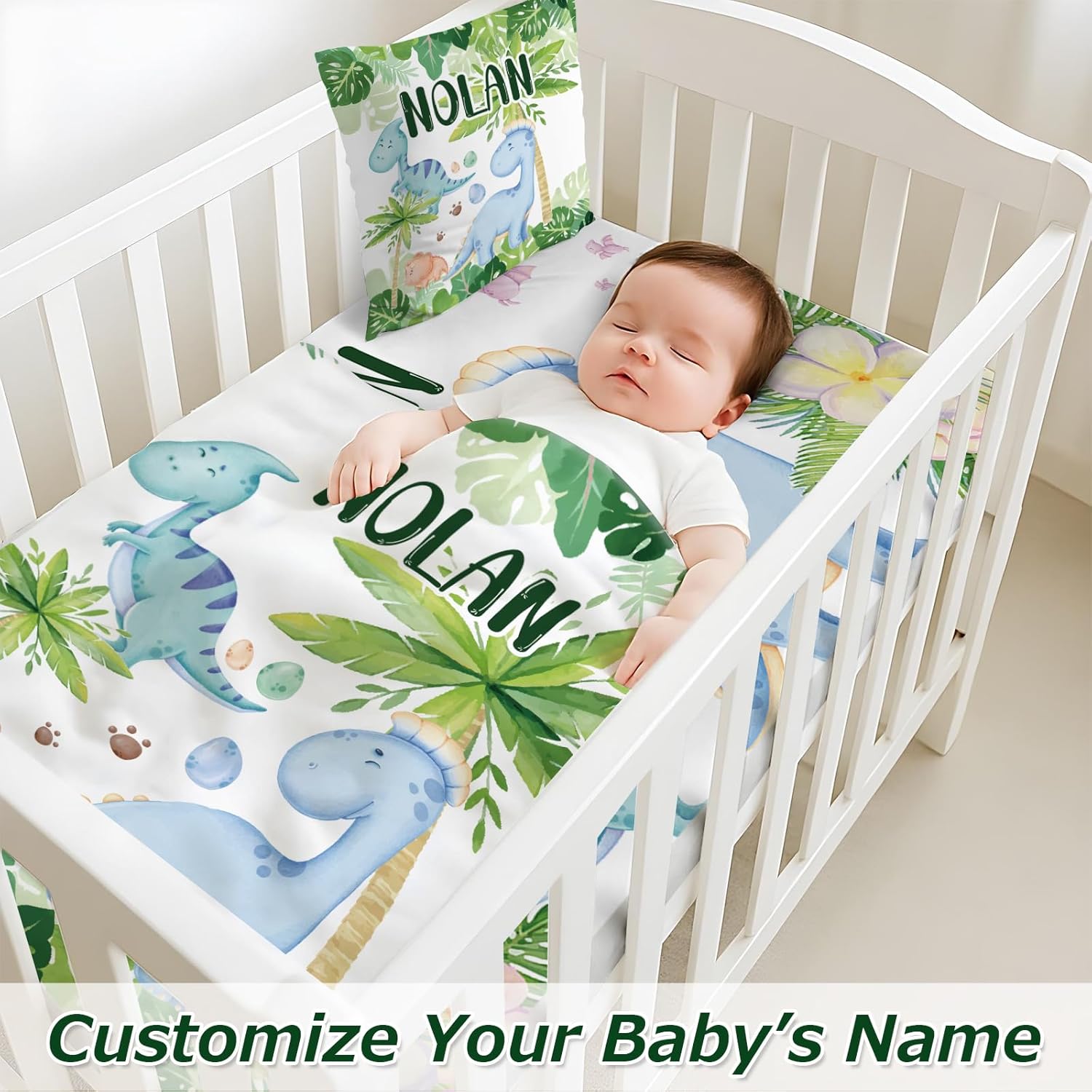 Personalized Baby Crib Bedding Set,3 Piece Custom Name Nursery Set with Blanket, Fitted Sheet & Pillowcase for Baby Girls & Boys, Dino Jungle Theme(Fixed Size)
