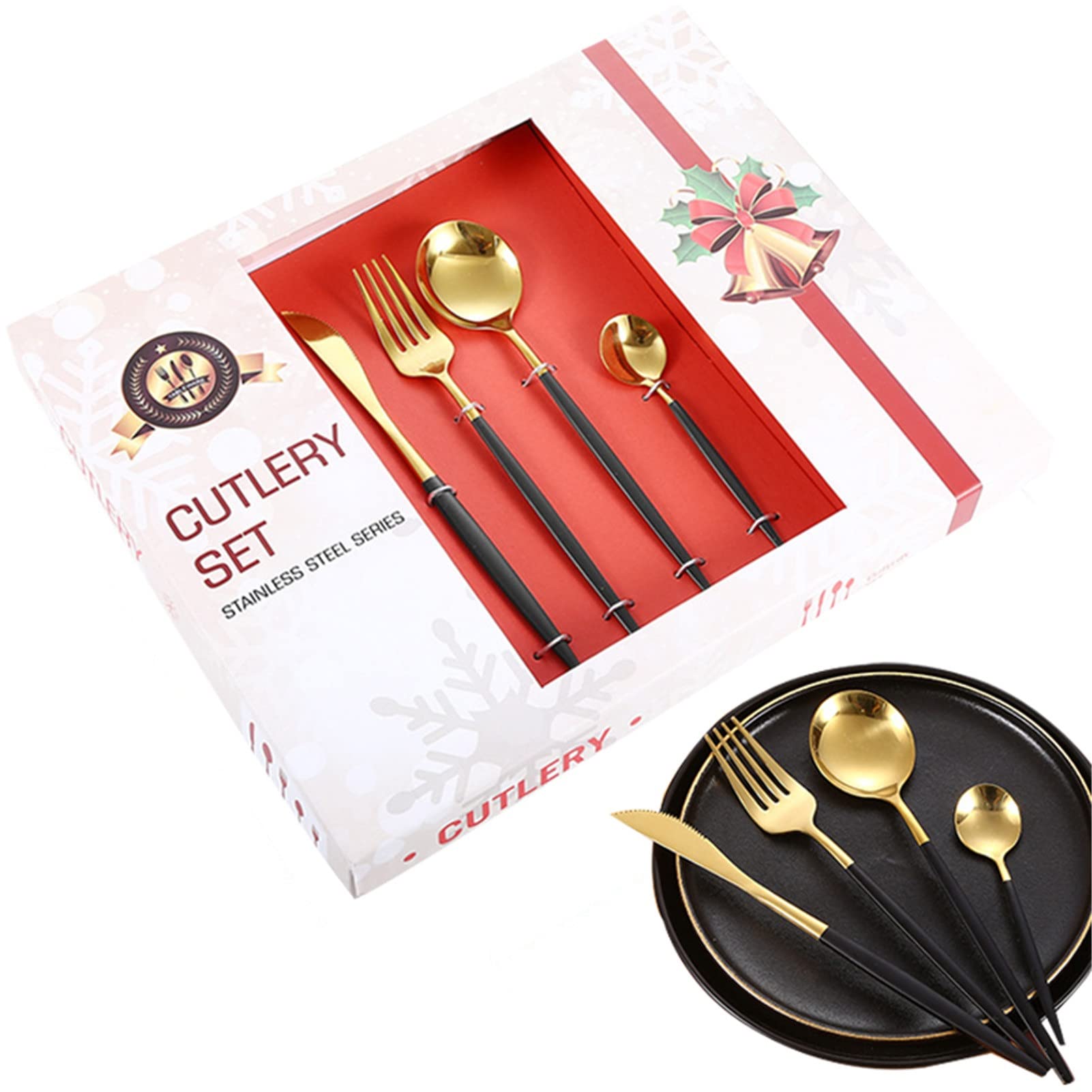 24-teilige Besteck Set,Edelstahl Hochwertige Spiegelpolierte Besteck-Sets,für Haus Büro Restaurant, Leicht Zu Reinigen mit Geschenkbox Weihnachtsgeschenkpaket (Color : Black)
