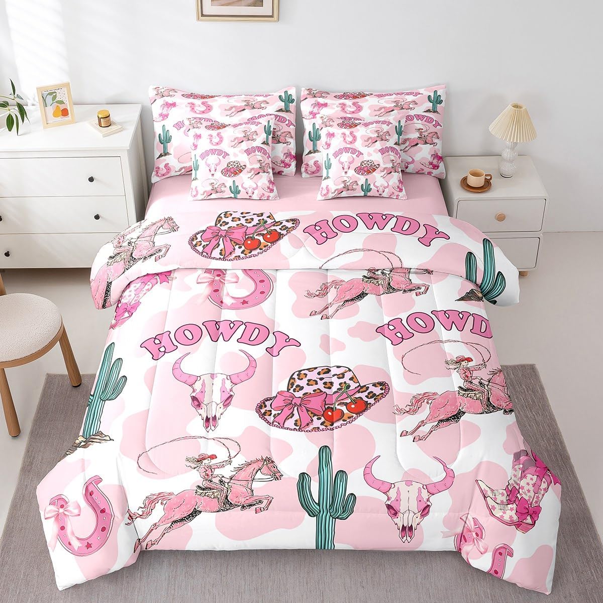 Erosebridal Retro Western Horse Queen Comforter Set with Sheets for Girls,Pink Cowgirl Boots and Bows Bedding Set 7Pcs for Kids Teen,Rustic Country Cowboy Cactus Bed Set,Cute Bow Fitted Flat Sheet