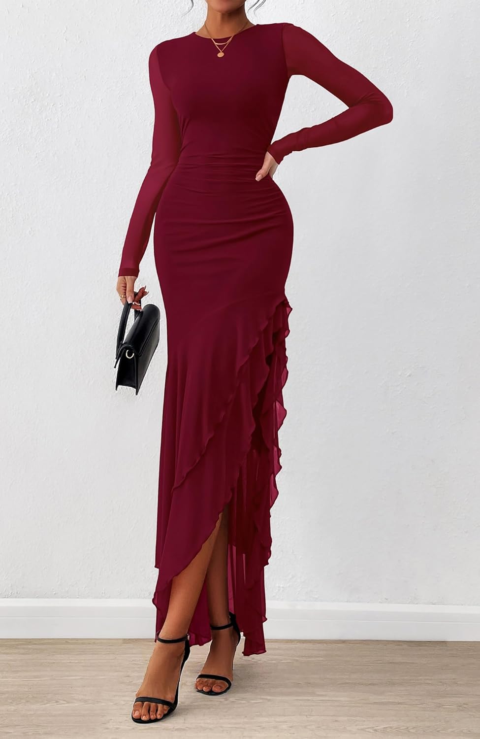 BTFBM Women's Maxi Dresses Spring 2026 Long Sleeve Ruched Bodycon Solid Ruffle Mermaid Cocktail Wedding Guest Dress - Image 7