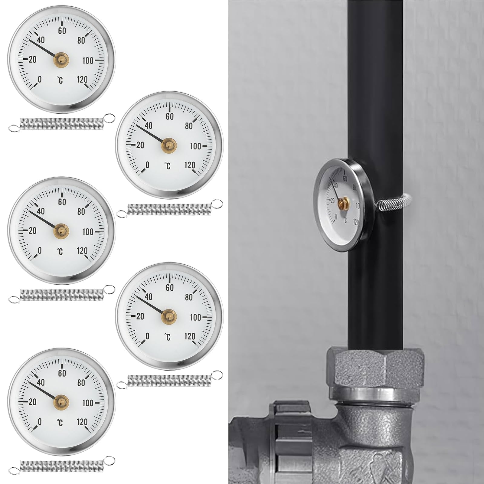 6 Stück Anlegethermometer Heizungsrohr, 63 mm Bimetall Industrielles Rohrthermometer, 0-120 °C anlege-zeigerthermometer mit Clip-On Feder für Heizkörperrohrtemperatur, Heim & Industrie