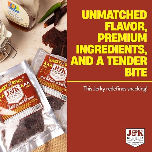 Miniatura 6 de J&K Jerky - Cecina de res dulce y picante  Hecho a mano en lotes pequeños hechos en Estados Unidos  Aperitivo audaz y sabroso!  Bolsa grande de