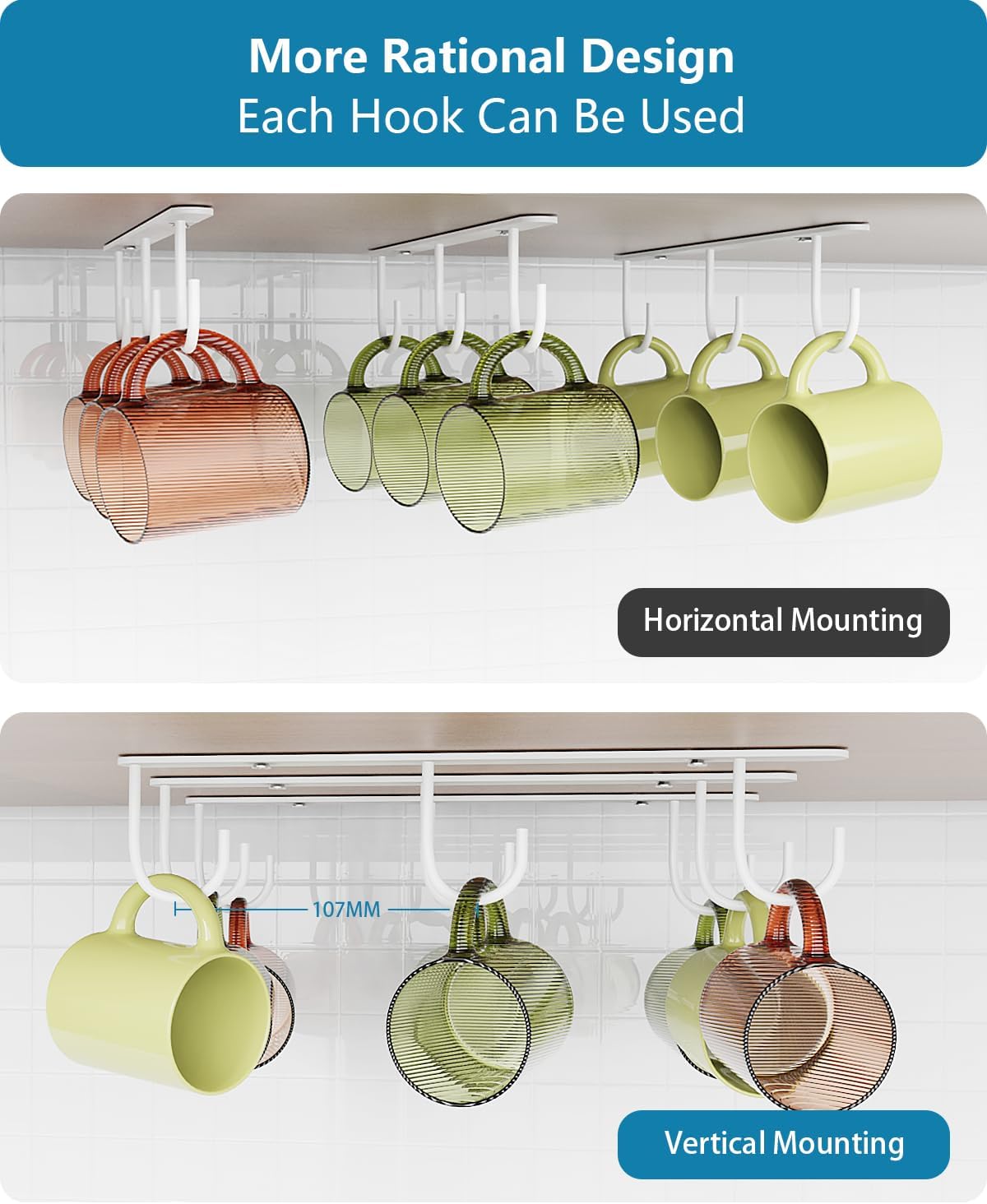 3 Pack Mug Hooks Under Cabinet with 9 Hooks for Displaying Mugs, White image 5