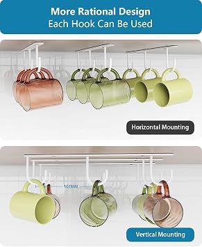 3 Pack Mug Hooks Under Cabinet with 9 Hooks for Displaying Mugs, White