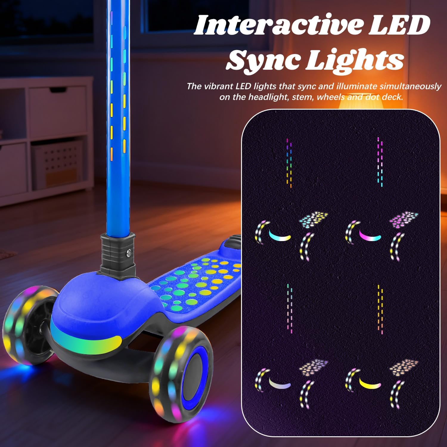 Light Up 3 Wheel Kick Scooter for Kids Toddlers with LED Sync Lights, Flashing Stem & Wide Polka Dot Deck Adjustable Height Music Function Safe Sturdy Folding Scooter for Kids