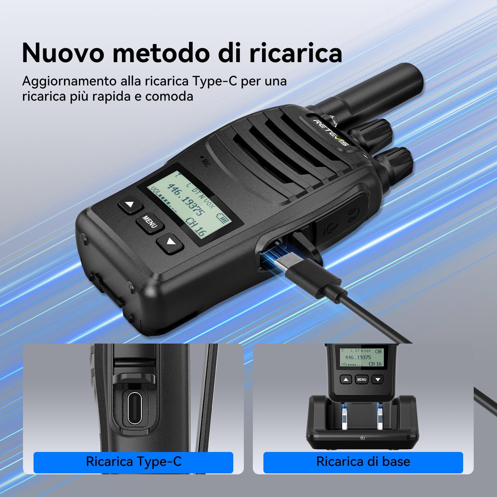 Retevis H777D Walkie Talkie con Schermo LCD, PMR446, Ricarica Tipo C, 1200 mAh, Allarme di Emergenza, Radio Bidirezionale Portatile per Avventure in Campeggio e in Bicicletta (Confezione da 2, Nero)