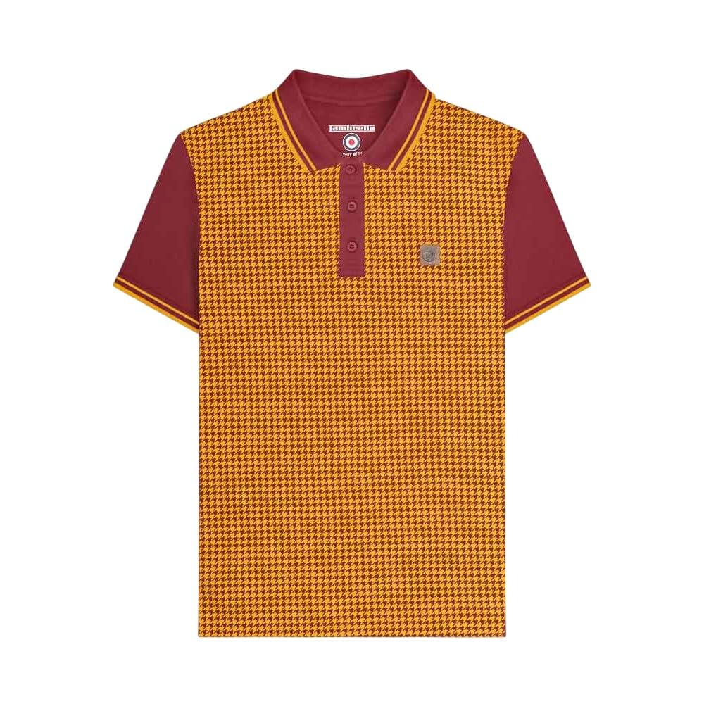 Lambretta Mens Houndstooth Short Sleeve Polo Shirt (UK, Alpha, 3XL, Regular, Regular, Burgundy/Gold)