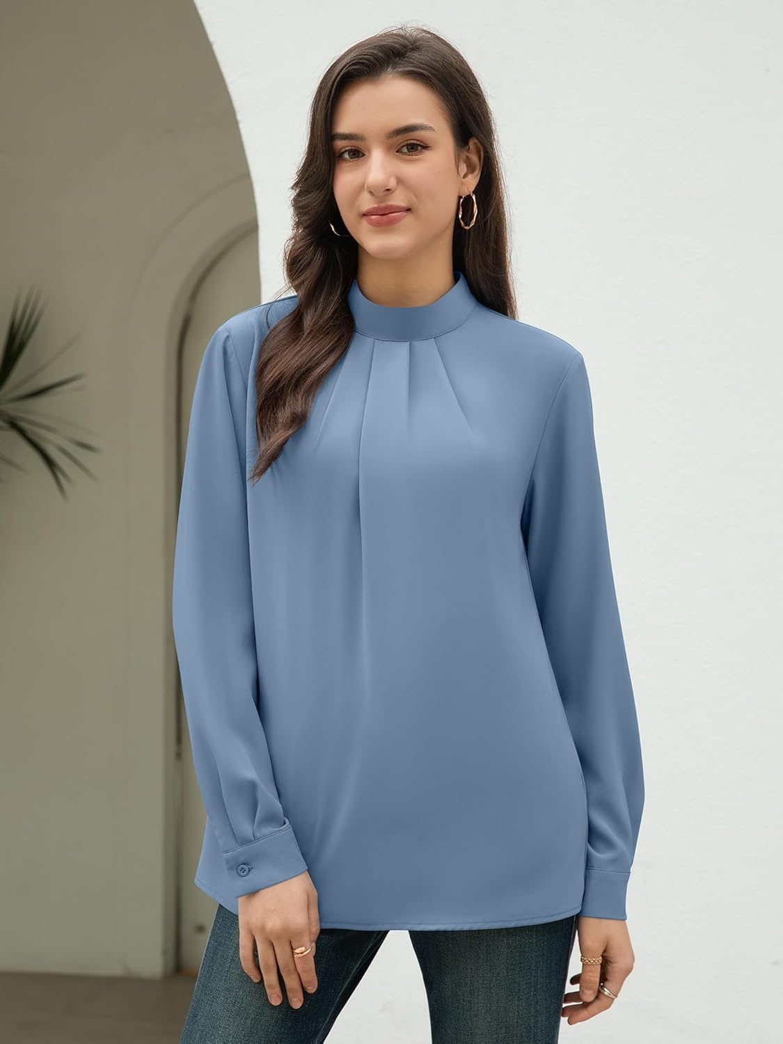 Funlingo Women's Long Sleeve Tops Dressy Casual Mock Neck Work Blouse Fall Trendy Front Pleated Tunic Chiffon Shirts - Image 2