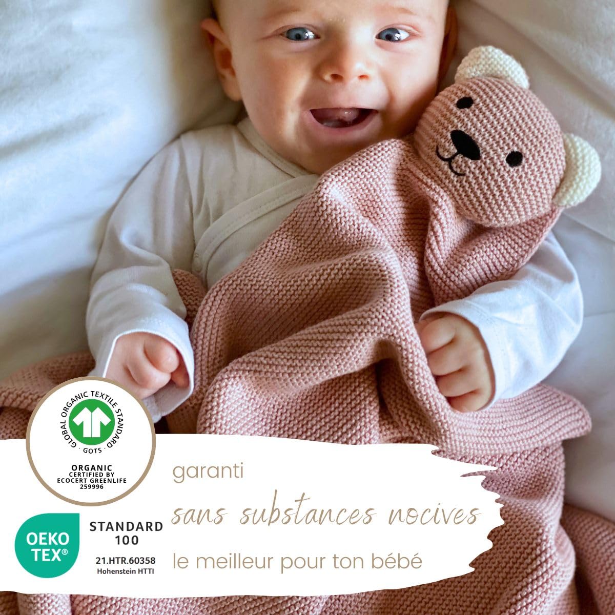 DIKOS® Couverture Originale pour bébé - Motif Ours en Peluche - 100% Coton Bio - avec Doudou - Couverture tricotée - Premier équipement pour bébé Fille/garçon - Cadeau de Naissance (Vieux Rose)